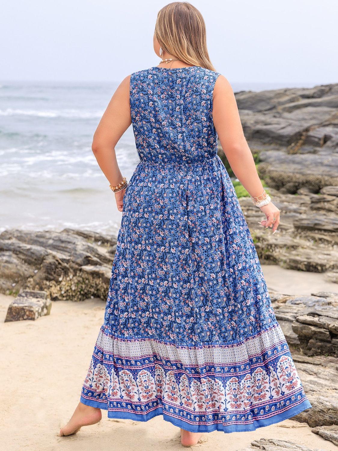 Blue Zone Planet | Plus Size Tied Printed Sleeveless Maxi Dress-TOPS / DRESSES-[Adult]-[Female]-2022 Online Blue Zone Planet