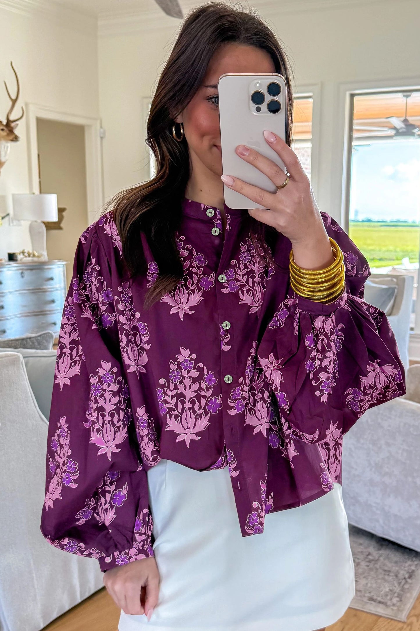 Purple Floral Print Button-Up Long Puff Sleeve Loose Shirt-Tops/Blouses & Shirts-[Adult]-[Female]-2022 Online Blue Zone Planet
