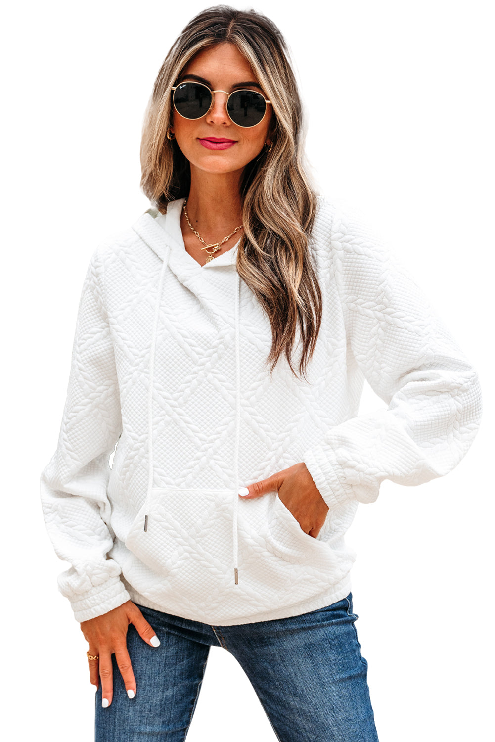 White Cable Lattice Texture Kangaroo Pocket Hoodie-Tops / Dresses-[Adult]-[Female]-2022 Online Blue Zone Planet