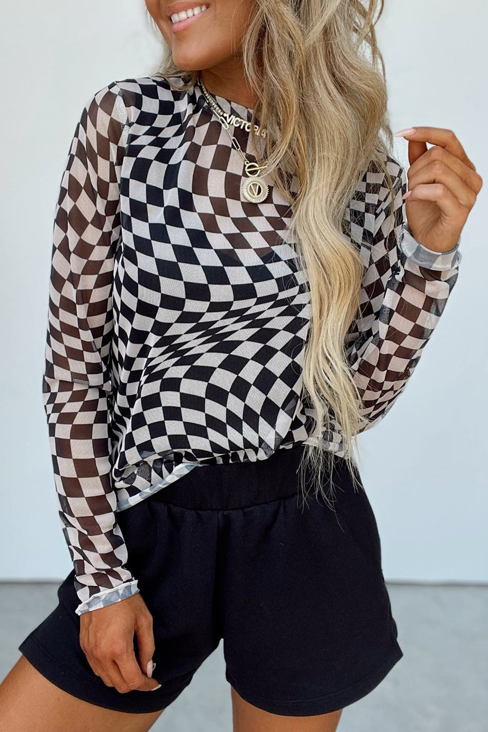 Rose Checkered Pattern Mesh Mock Neck Long Sleeve Top-Tops/Long Sleeve Tops-[Adult]-[Female]-Black-S-2022 Online Blue Zone Planet