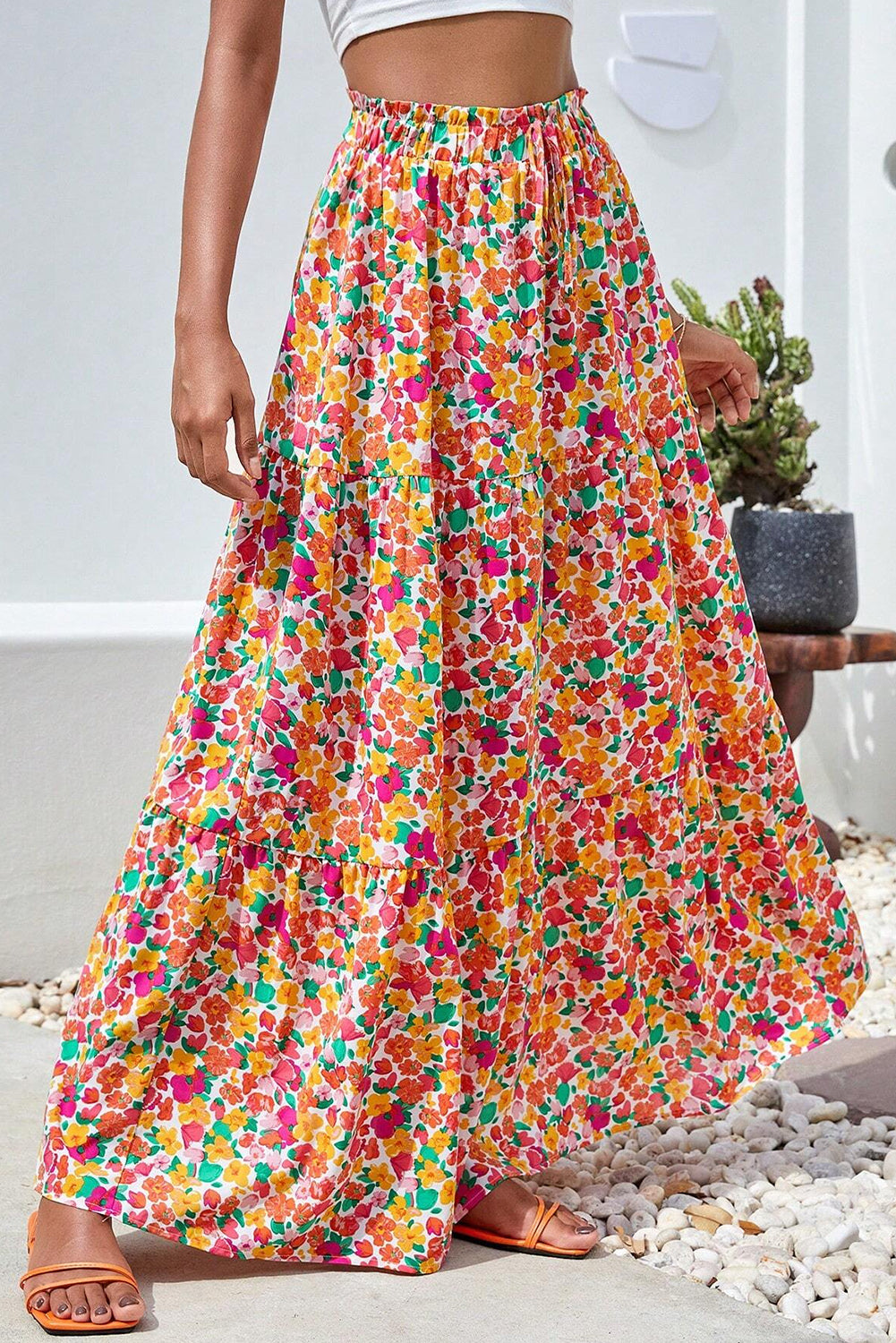 Yellow Boho Floral Print Tiered Long Skirt-Bottoms/Skirts & Petticoat-[Adult]-[Female]-2022 Online Blue Zone Planet