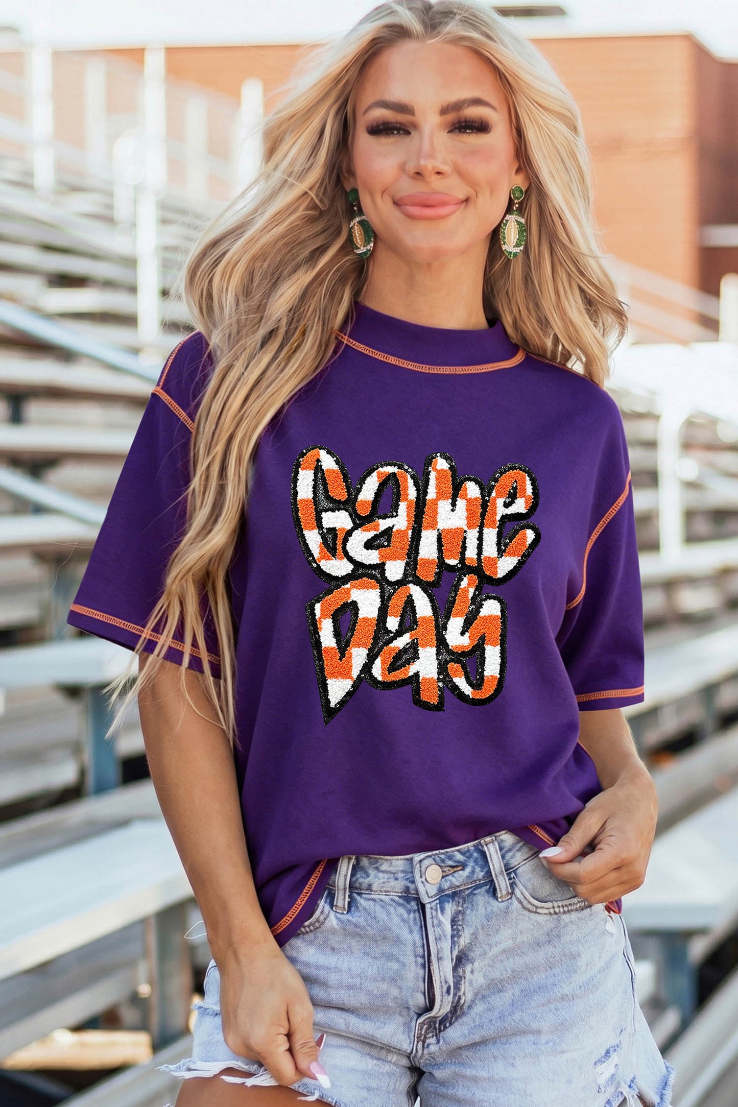 Tillandsia Purple Contrast Seam Detail Checkered Game Day Chenille Graphic Tee