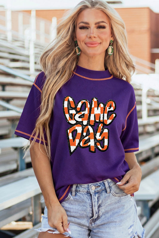 Tillandsia Purple Contrast Seam Detail Checkered Game Day Chenille Graphic Tee-Graphic/Graphic Tees-[Adult]-[Female]-Tillandsia Purple-S-2022 Online Blue Zone Planet