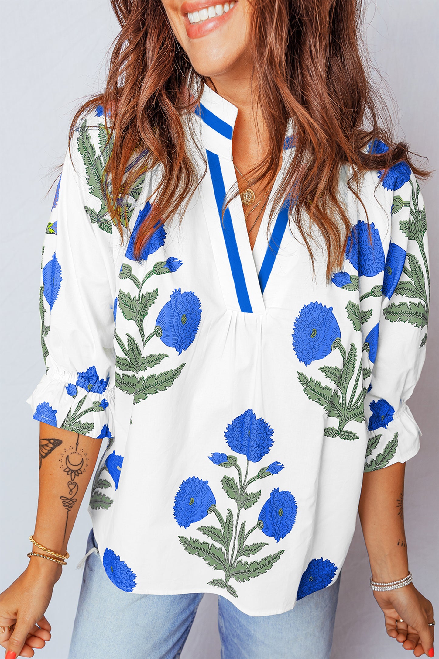 Sky Blue Casual Wild Flower Print V Neck 3/4 Sleeve Blouse-Tops/Blouses & Shirts-[Adult]-[Female]-Sky Blue-S-2022 Online Blue Zone Planet