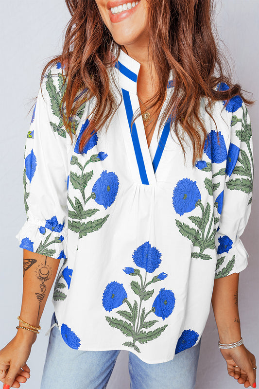 Sky Blue Casual Wild Flower Print V Neck 3/4 Sleeve Blouse-Tops/Blouses & Shirts-[Adult]-[Female]-Sky Blue-S-2022 Online Blue Zone Planet