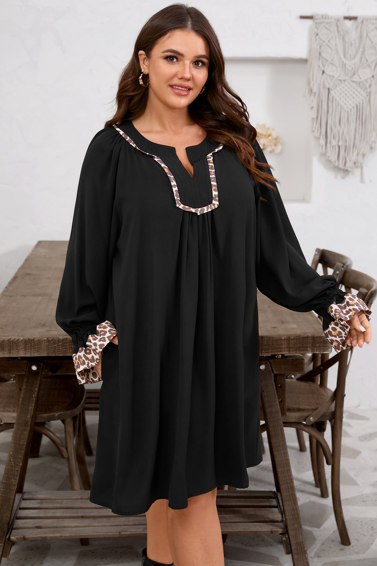 Black Plus Size Notched Neck Leopard Trim Flounce Long Sleeve Shift Dress-TOPS / DRESSES-[Adult]-[Female]-2022 Online Blue Zone Planet