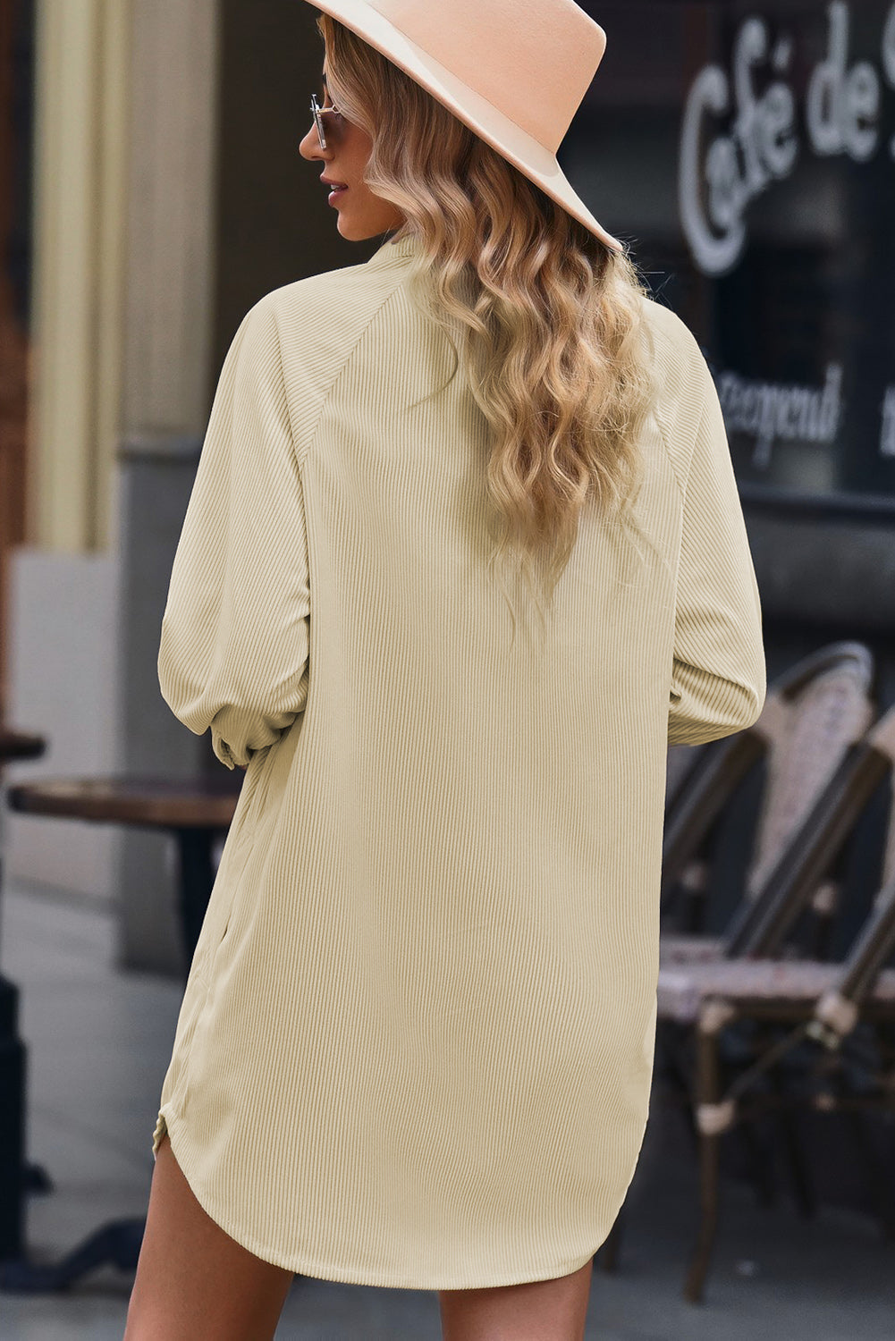 Beige Corduroy Shirt Style Full Button Long Sleeve Shift Mini Dress-Dresses/Mini Dresses-[Adult]-[Female]-2022 Online Blue Zone Planet