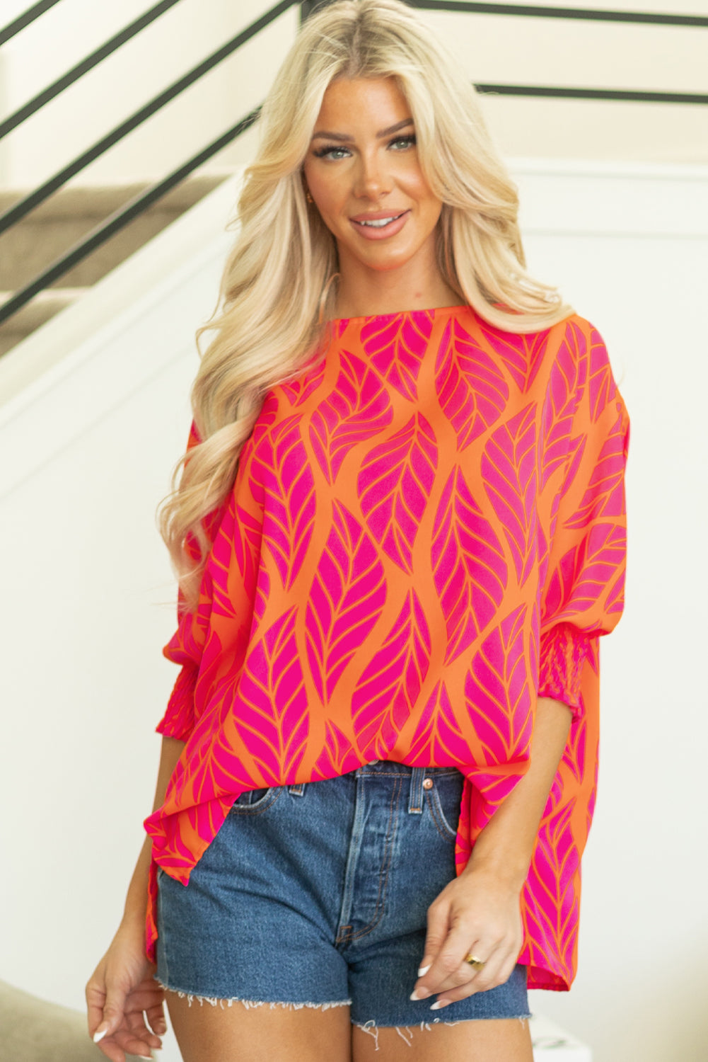 Blue Zone Planet | Rose Tropical Leaf Print Smocked Puff Sleeve Blouse-Tops/Blouses & Shirts-[Adult]-[Female]-2022 Online Blue Zone Planet