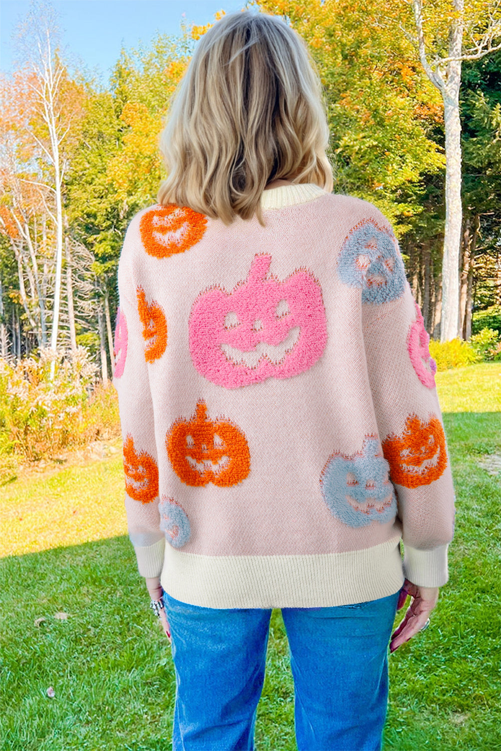 Beige Halloween Cute Pumpkin Pattern Sweater-TOPS / DRESSES-[Adult]-[Female]-2022 Online Blue Zone Planet