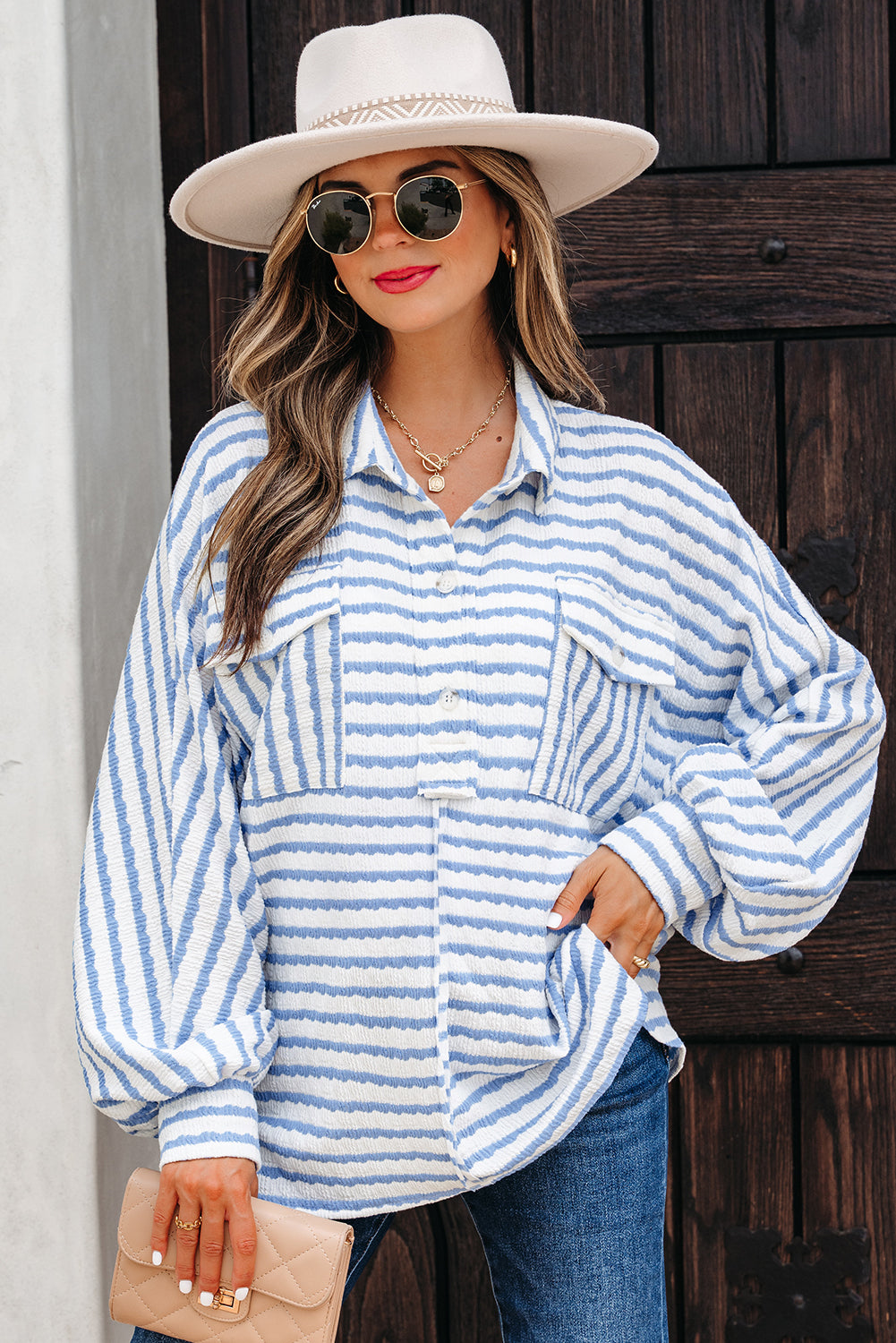 Sky Blue Stripe Half Button Collared Chest Pockets Loose Fit Blouse-Tops/Blouses & Shirts-[Adult]-[Female]-2022 Online Blue Zone Planet