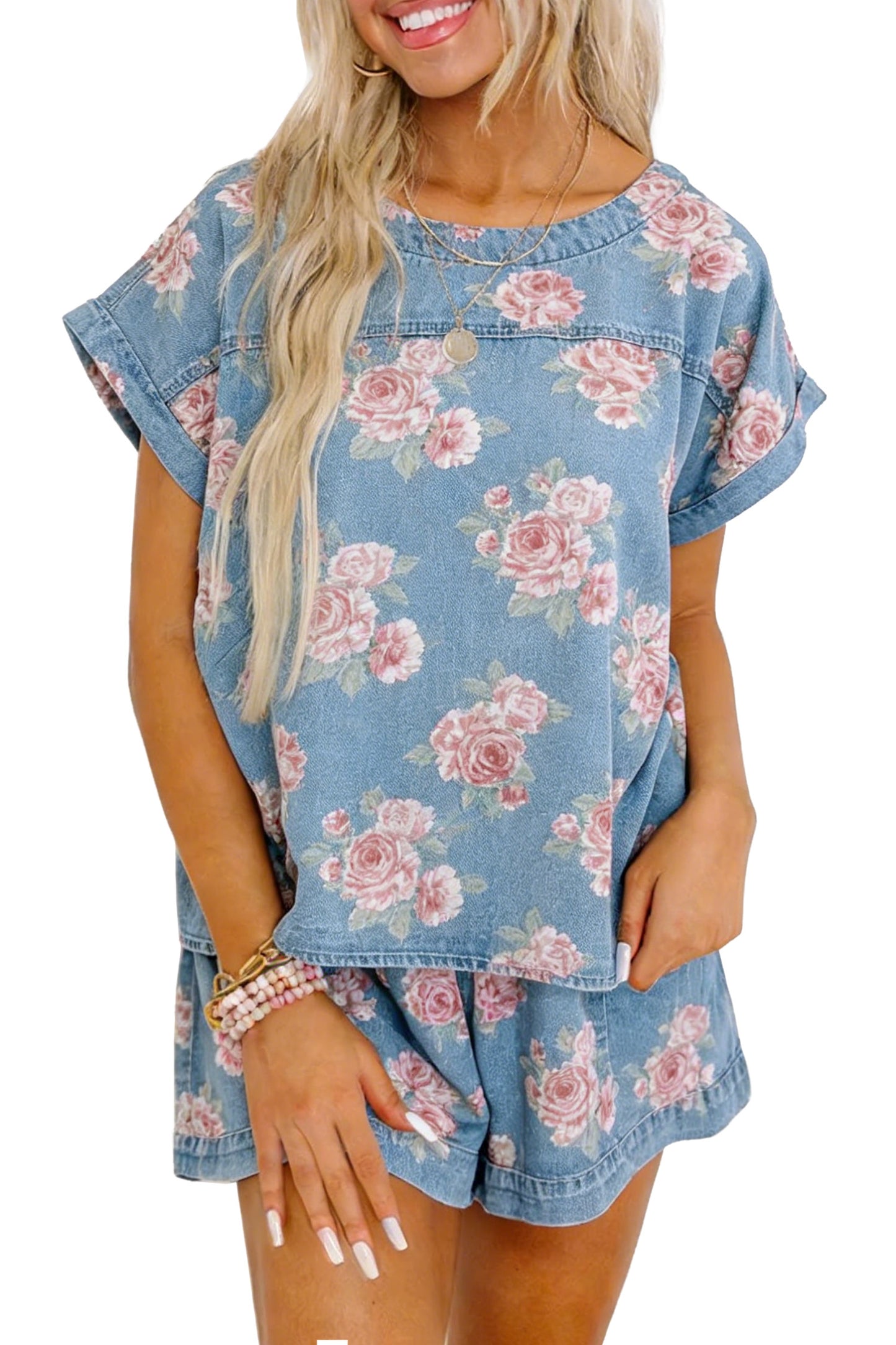 Sky Blue Floral Denim Short Sleeve Top Loose Shorts 2pcs Set-Two Piece Sets/Short Sets-[Adult]-[Female]-2022 Online Blue Zone Planet