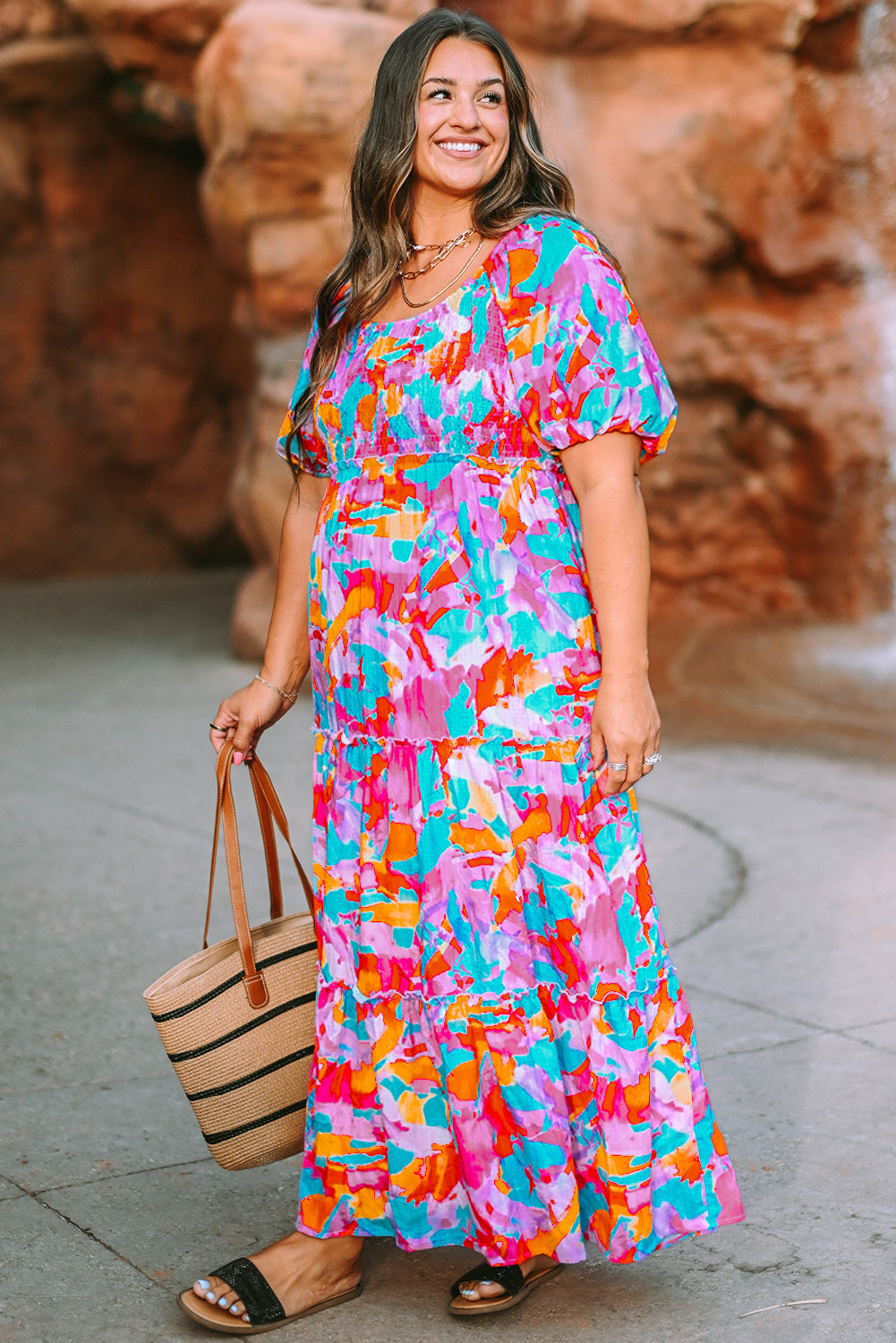 Blue Zone Planet | Multicolour Plus Size Floral Smocked Puff Sleeve Maxi Dress-TOPS / DRESSES-[Adult]-[Female]-2022 Online Blue Zone Planet