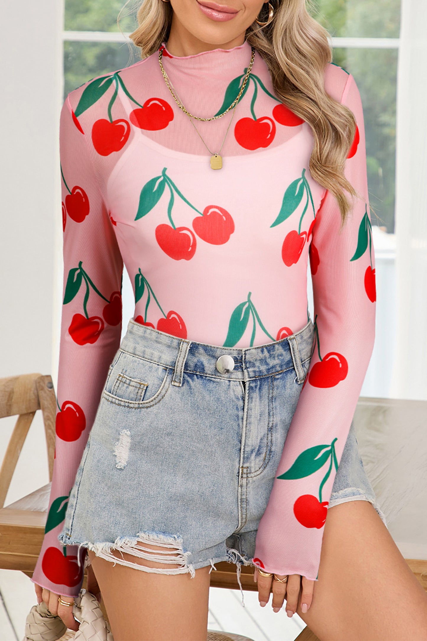 Pink Cherry Print Lettuce Trim Long Sleeve Mesh Top-Tops/Long Sleeve Tops-[Adult]-[Female]-2022 Online Blue Zone Planet