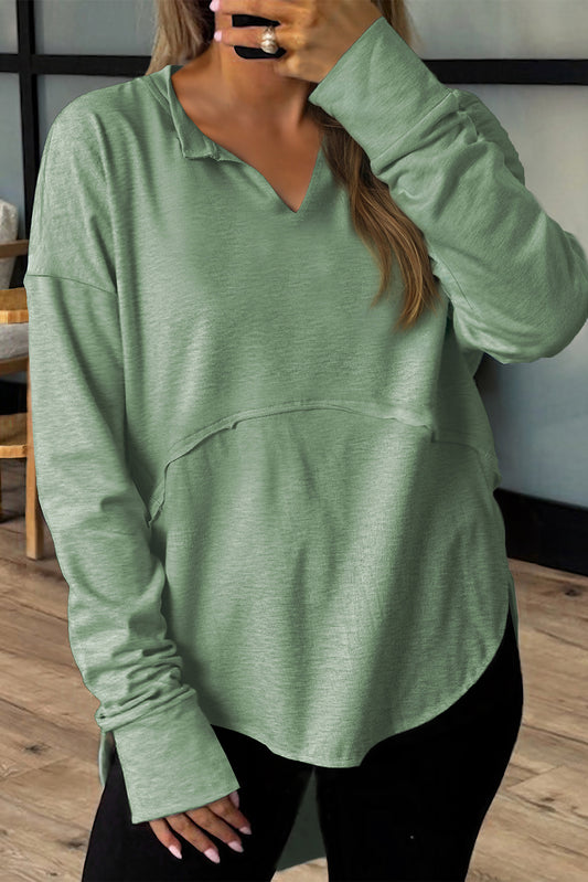 Smoke Green Notched Neck Terry Raw Hem Long Sleeve Top-Tops/Long Sleeve Tops-[Adult]-[Female]-Smoke Green-S-2022 Online Blue Zone Planet