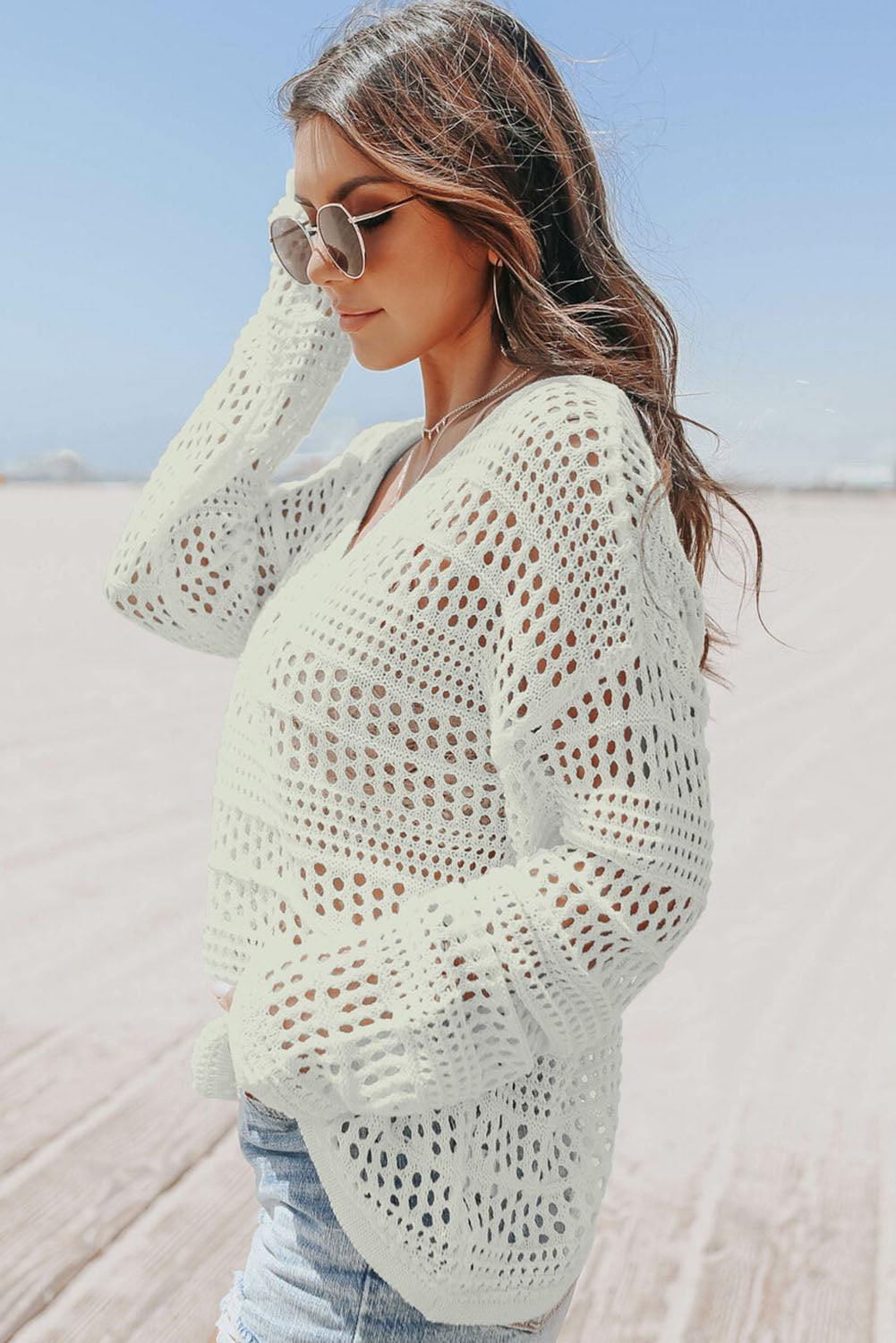 White Hollow Out Crochet V Neck Pullover Sweater Blue Zone Planet