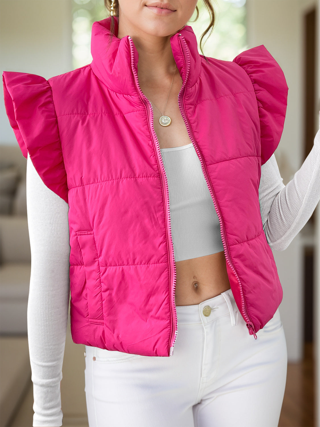 Pocketed Zip Up Cap Sleeve Jacket-TOPS / DRESSES-[Adult]-[Female]-Hot Pink-S-2022 Online Blue Zone Planet