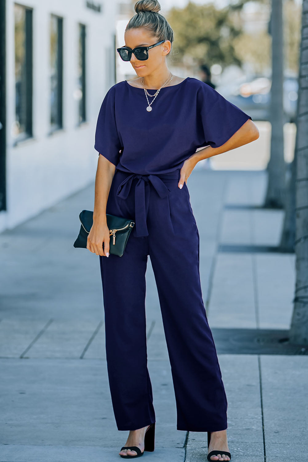 Blue Belted Wide Leg Jumpsuit-Bottoms/Jumpsuits & Rompers-[Adult]-[Female]-2022 Online Blue Zone Planet