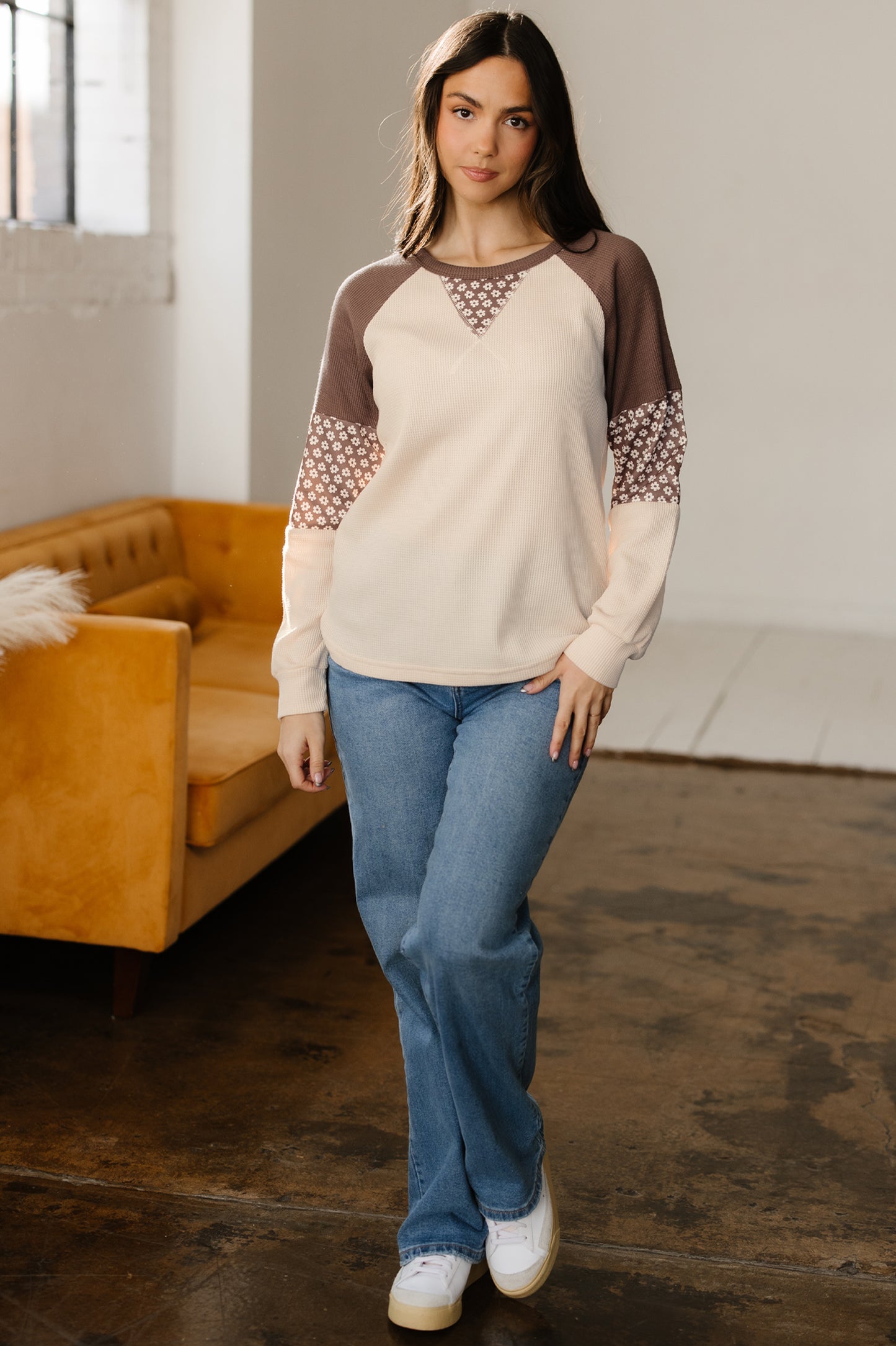 Brown Floral Print Patchwork Color Block Long Sleeve Top-Tops/Long Sleeve Tops-[Adult]-[Female]-2022 Online Blue Zone Planet