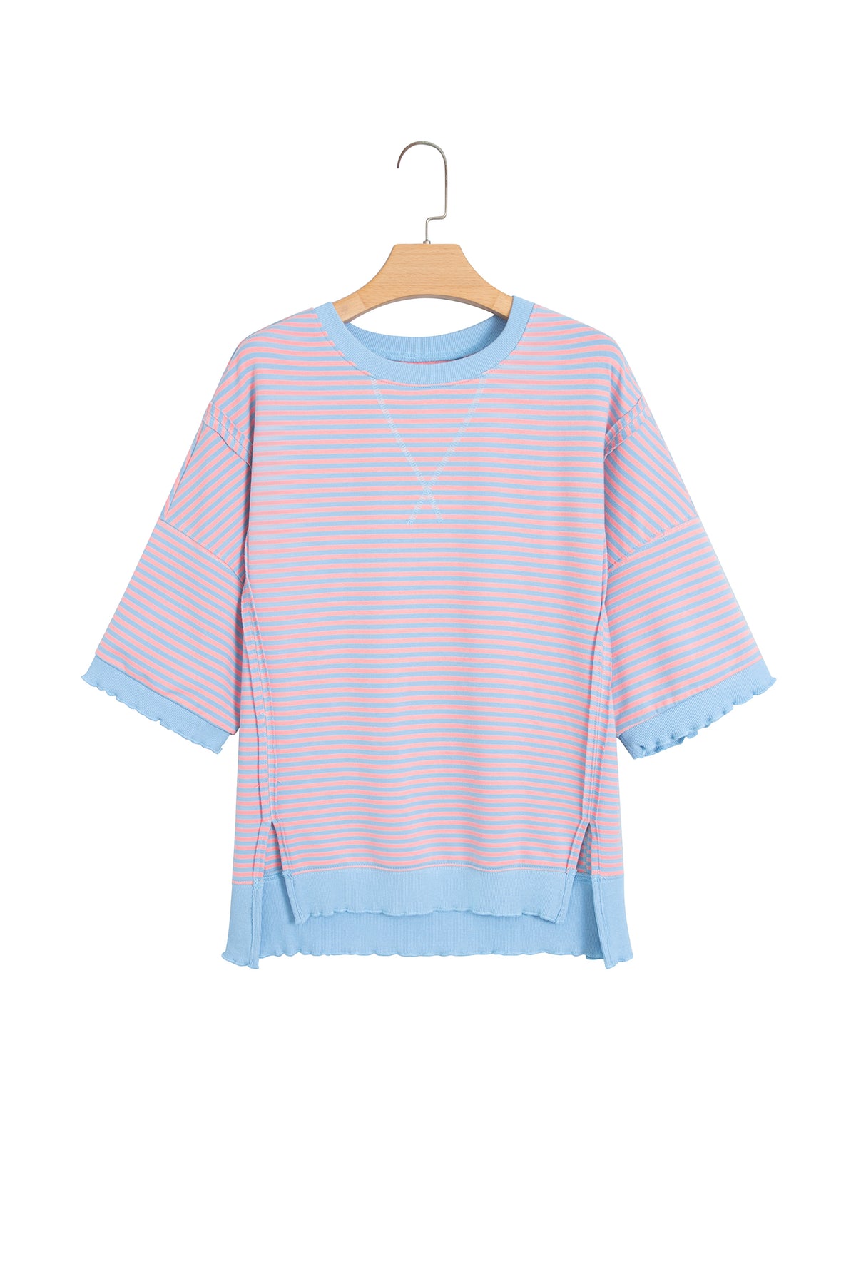 Sky Blue Stripe Colorblock Scalloped Trim Loose 3/4 Sleeve Top-Tops/Long Sleeve Tops-[Adult]-[Female]-2022 Online Blue Zone Planet