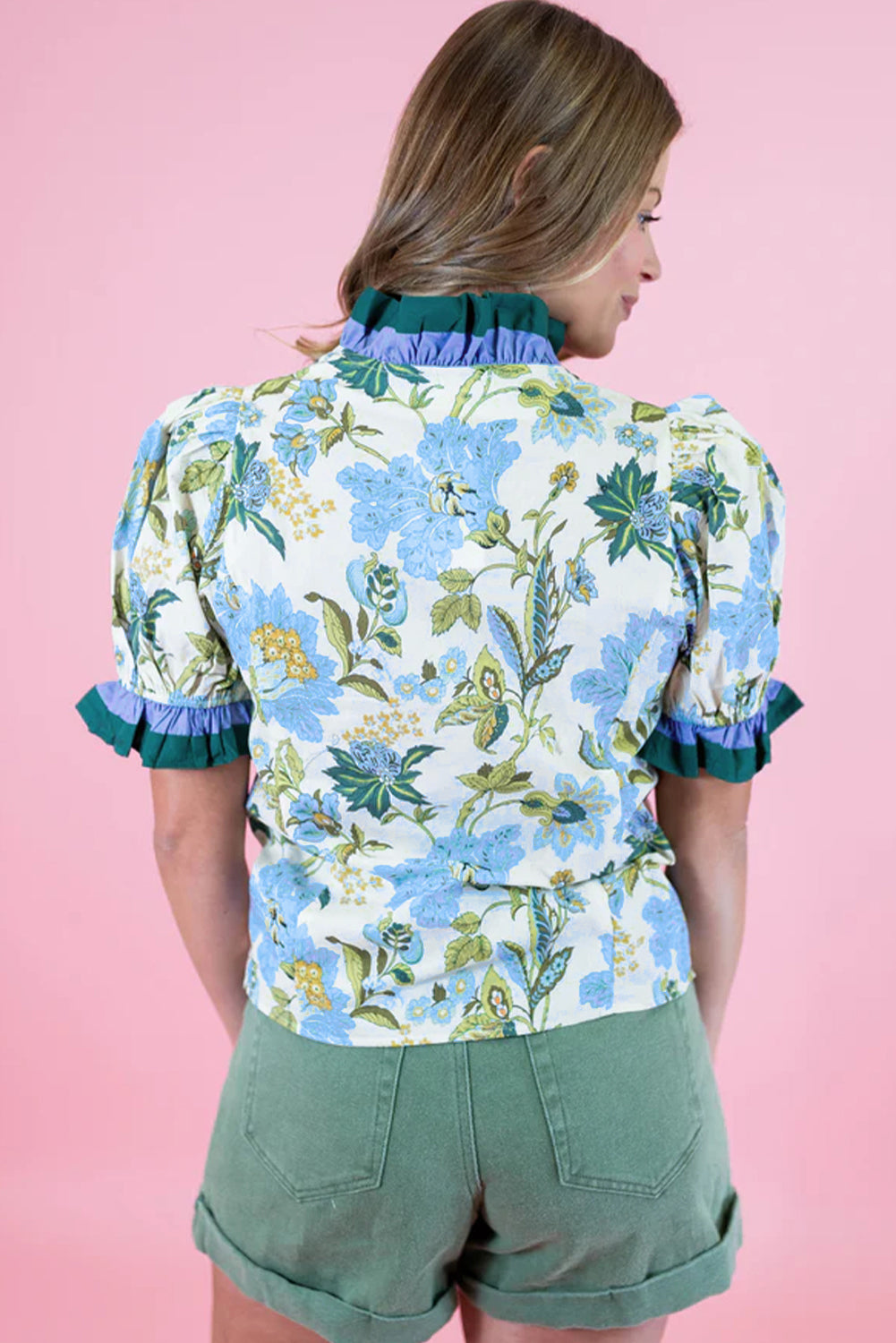Beige Floral Print Contrasted Frilled Striped Trim Short Sleeve Blouse-Tops/Blouses & Shirts-[Adult]-[Female]-2022 Online Blue Zone Planet