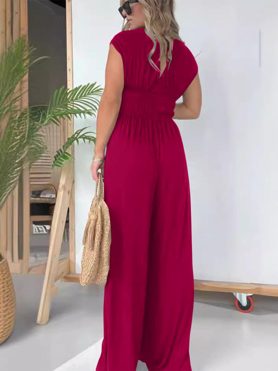 Smocked Cap Sleeve Wide Leg Jumpsuit-TOPS / DRESSES-[Adult]-[Female]-2022 Online Blue Zone Planet