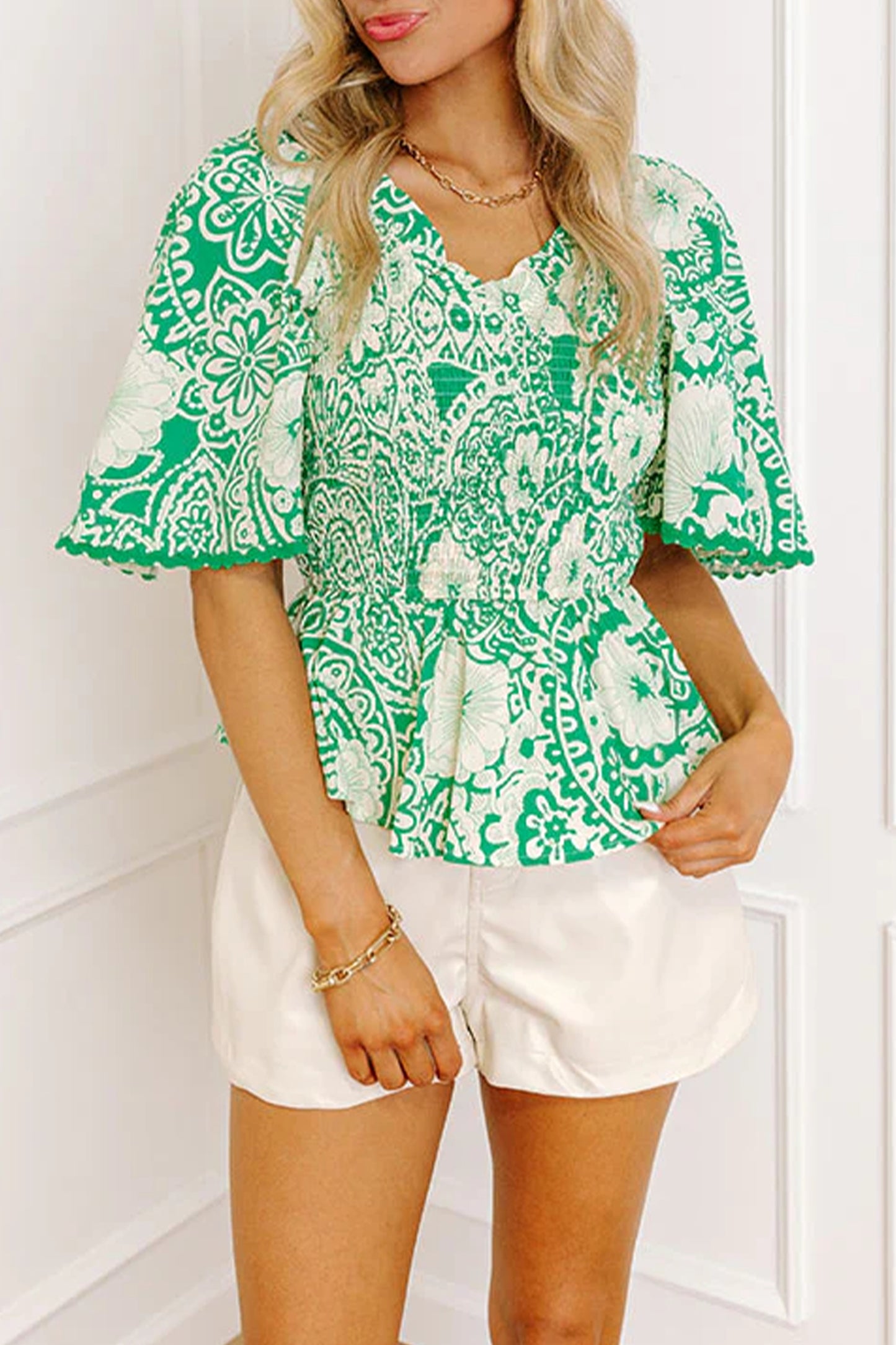 Green Flirty Floral Smocked V Neck Blouse-Tops/Blouses & Shirts-[Adult]-[Female]-Green-S-2022 Online Blue Zone Planet