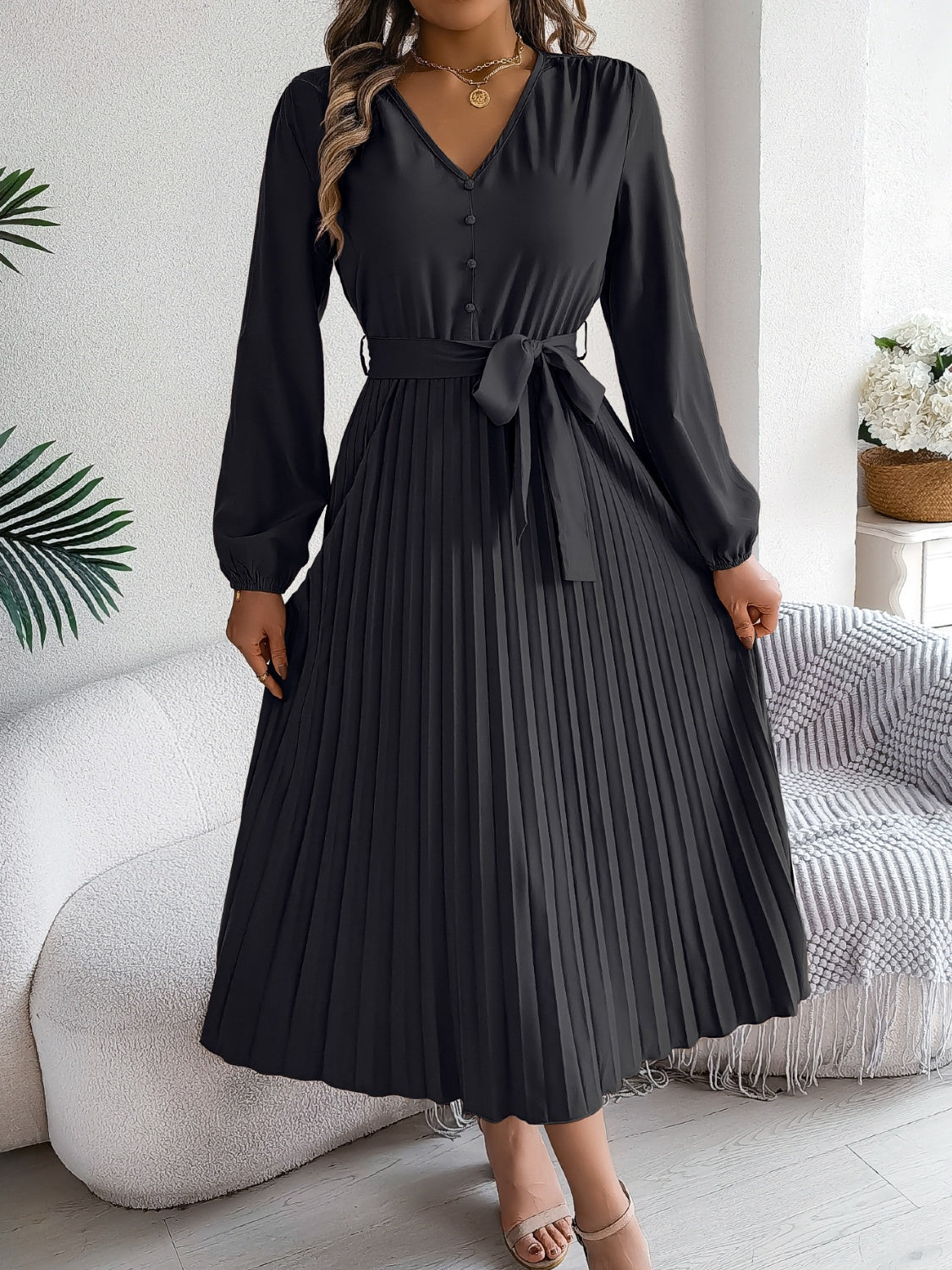 Pleated Tied V-Neck Long Sleeve Dress-TOPS / DRESSES-[Adult]-[Female]-Black-S-2022 Online Blue Zone Planet