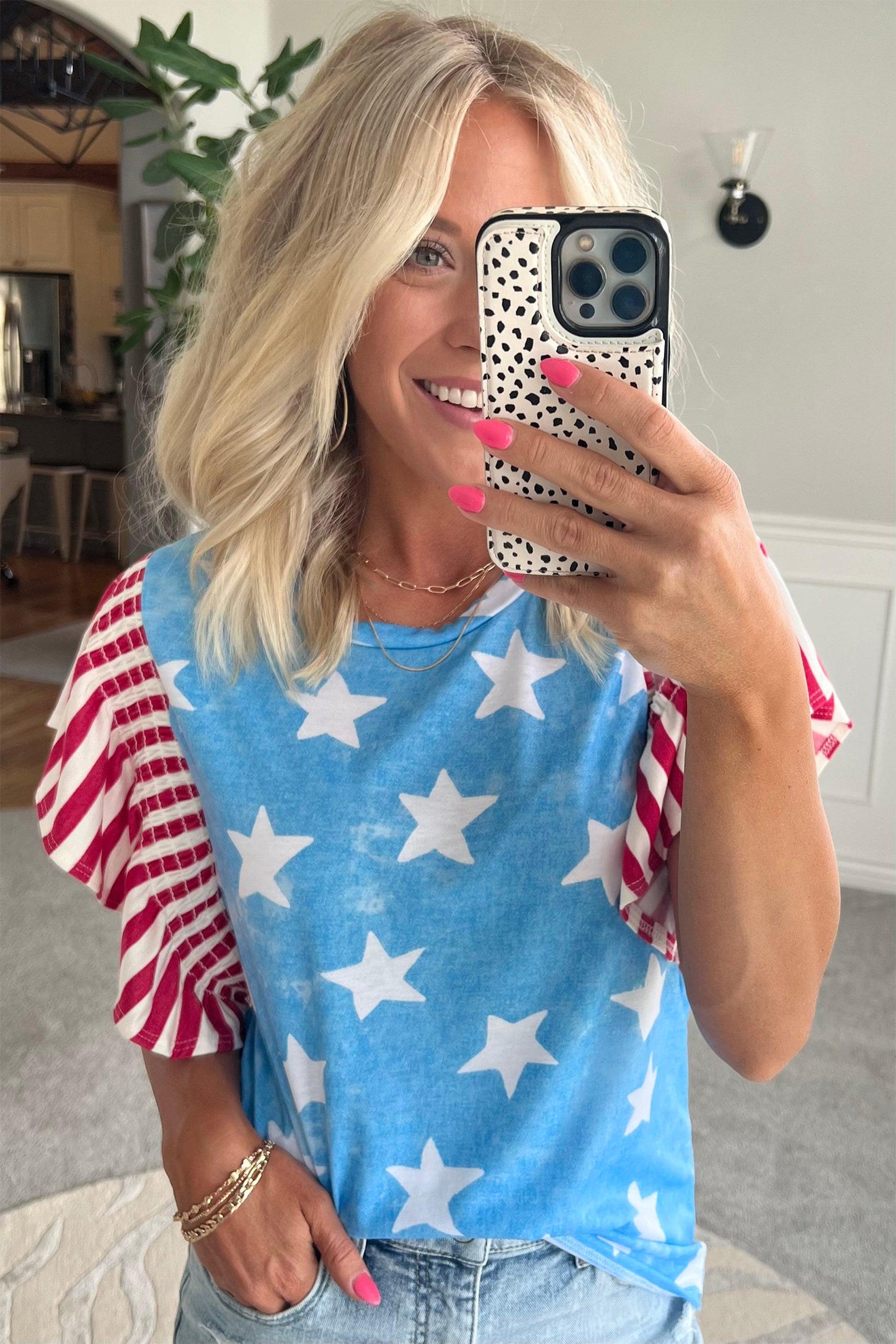 Sky Blue Vintage Star Print Striped Ruffle Sleeve Independence Day Top-Tops/Tops & Tees-[Adult]-[Female]-2022 Online Blue Zone Planet