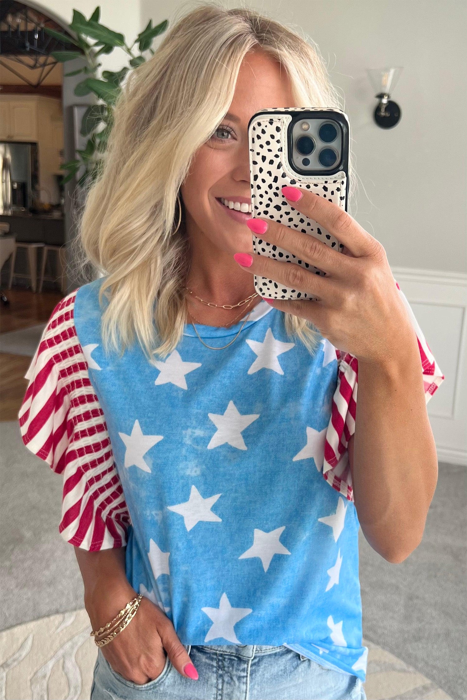 Sky Blue Vintage Star Print Striped Ruffle Sleeve Independence Day Top-Tops/Tops & Tees-[Adult]-[Female]-2022 Online Blue Zone Planet