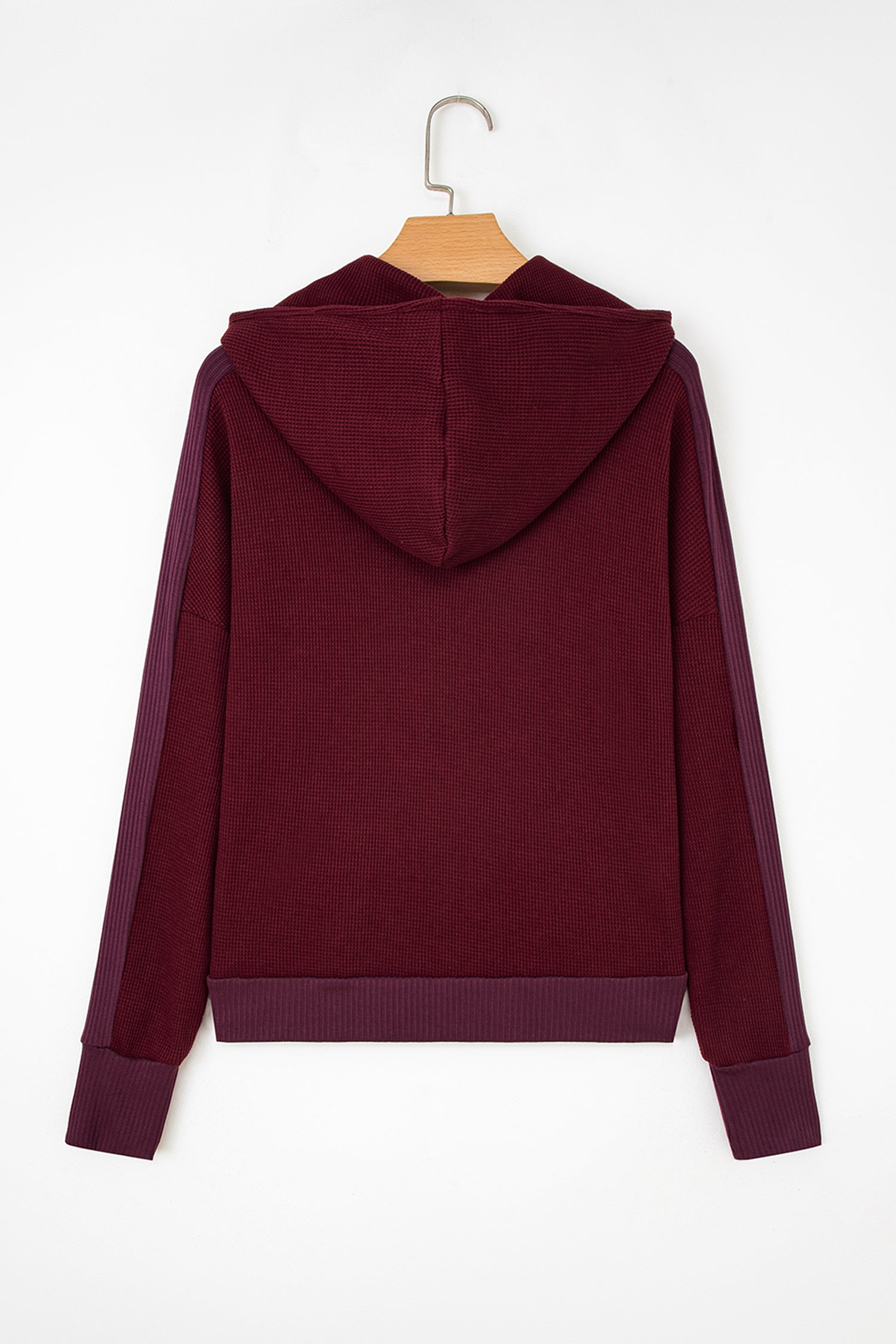 Burgundy Waffle Splicing Zip Up Front Button Hooded Jacket-Tops / Dresses-[Adult]-[Female]-2022 Online Blue Zone Planet