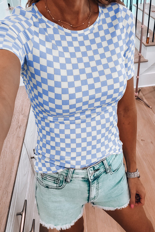 Sky Blue Checkered Ribbed Slim Fit Crew Neck T Shirt-Tops/Tops & Tees-[Adult]-[Female]-Sky Blue-S-2022 Online Blue Zone Planet