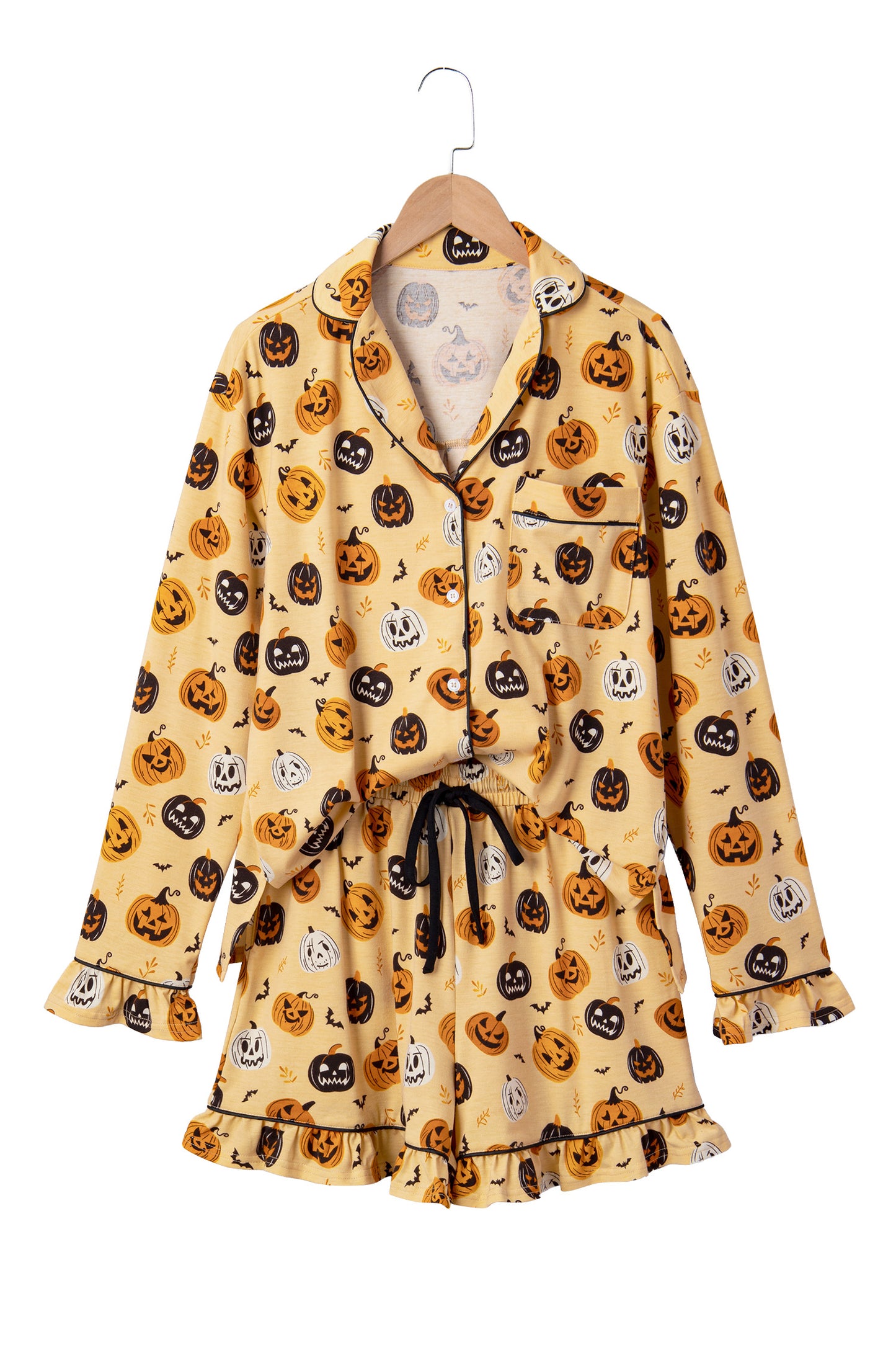 Orange Long Sleeve Ruffle Pumpkin Face Print Two Piece Lounge Set-Loungewear & Sleepwear/Loungewear-[Adult]-[Female]-2022 Online Blue Zone Planet