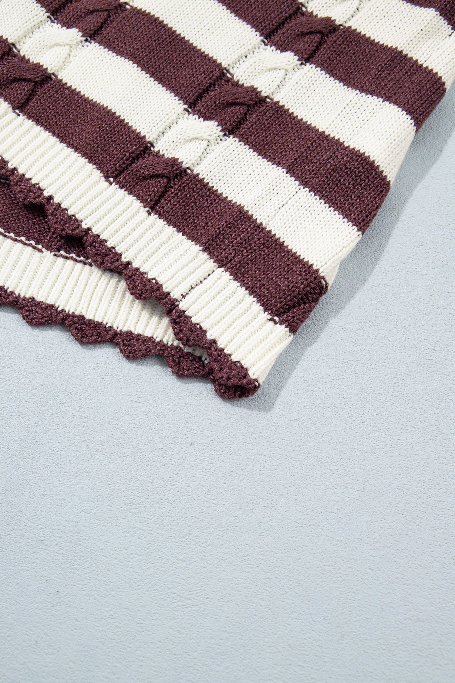 Brown Stripe Ribbed Knit Cable Detail Short Sleeve Sweater-TOPS / DRESSES-[Adult]-[Female]-2022 Online Blue Zone Planet