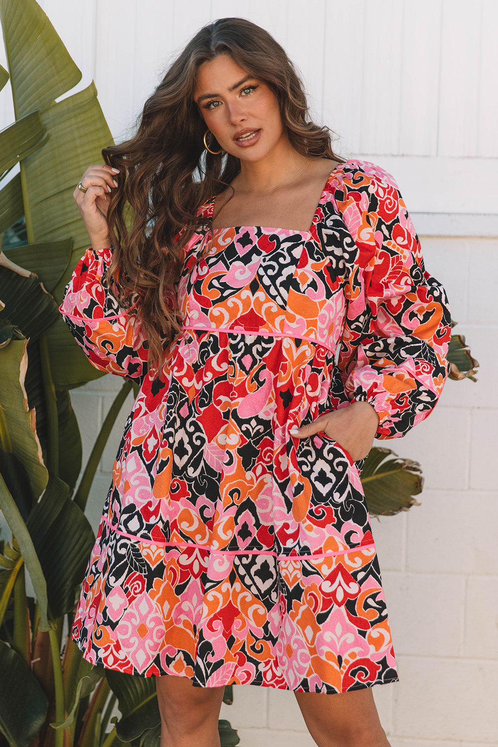 Blue Zone Planet | Pink Bohemian Square Neck Puff Sleeve Mini Dress-TOPS / DRESSES-[Adult]-[Female]-2022 Online Blue Zone Planet