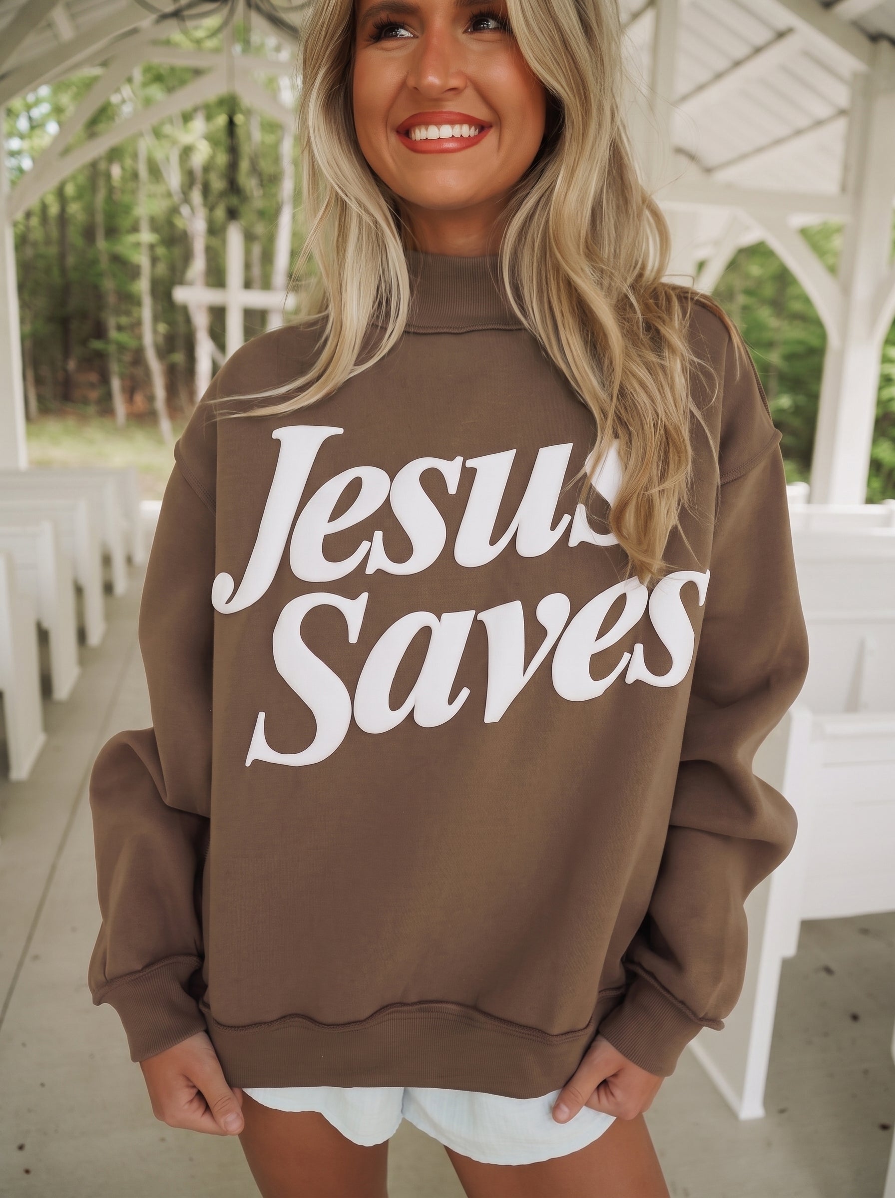 Fiery Red Jesus Saves Slogan Print Stand Neck Baggy Sweatshirt-Tops/Sweatshirts & Hoodies-[Adult]-[Female]-2022 Online Blue Zone Planet