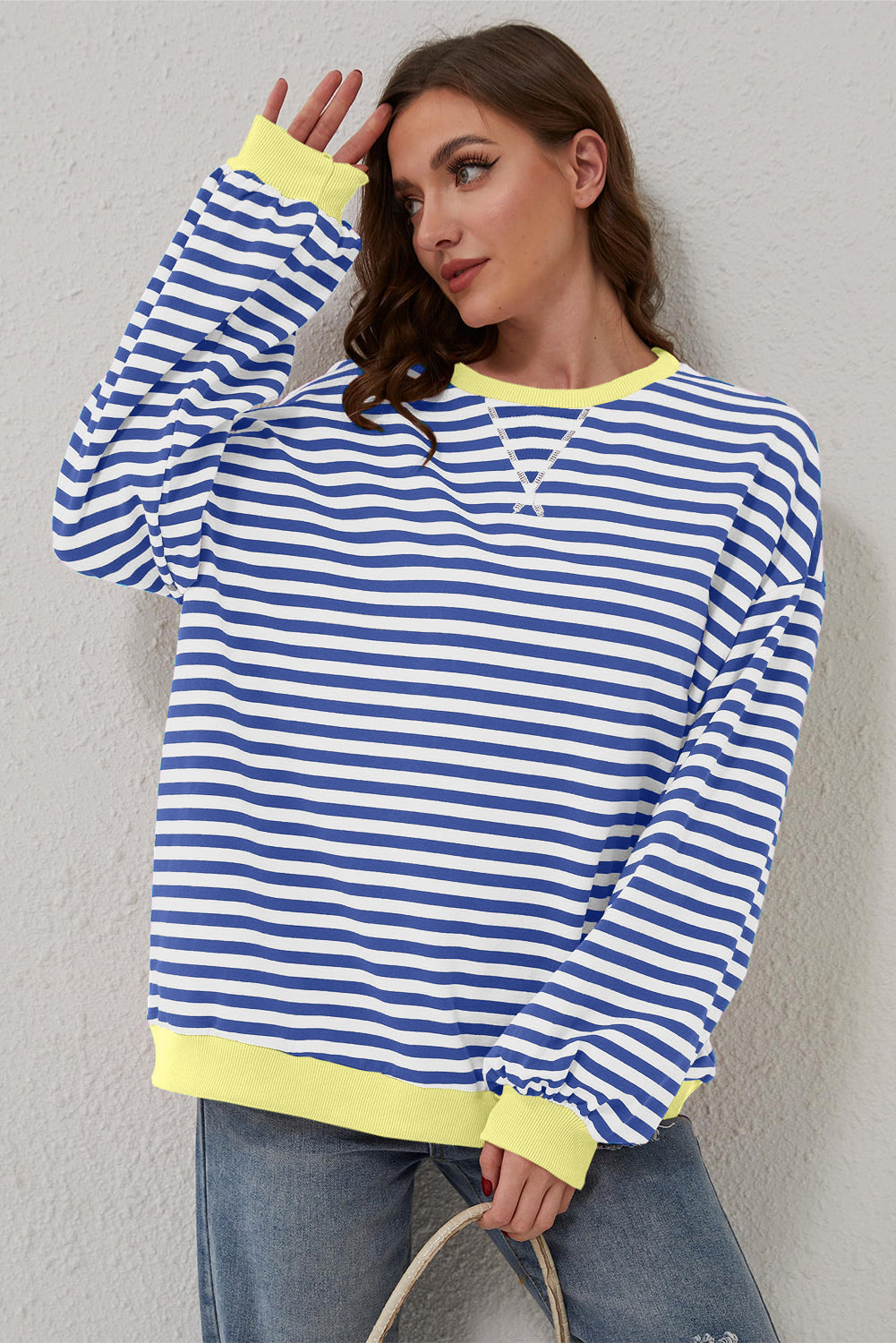 Sky Blue Stripe Oversized Contrast Trim Pullover Sweatshirt-Tops/Sweatshirts & Hoodies-[Adult]-[Female]-2022 Online Blue Zone Planet