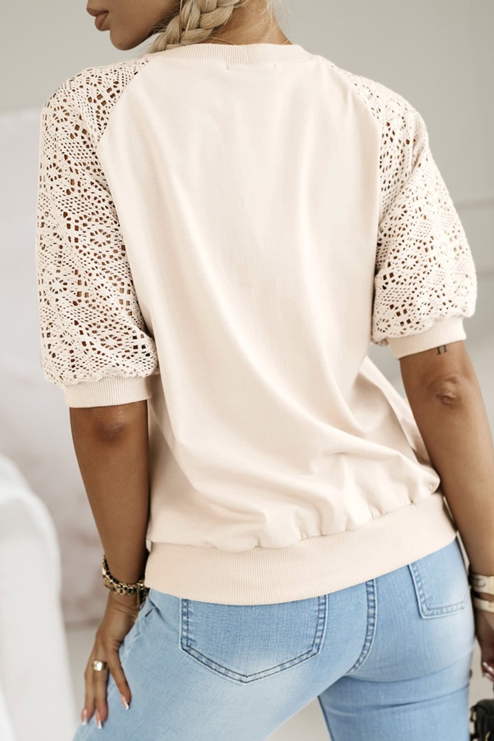 Jet Stream Lace Crochet Short Sleeve Round Neck T Shirt-Tops/Tops & Tees-[Adult]-[Female]-2022 Online Blue Zone Planet