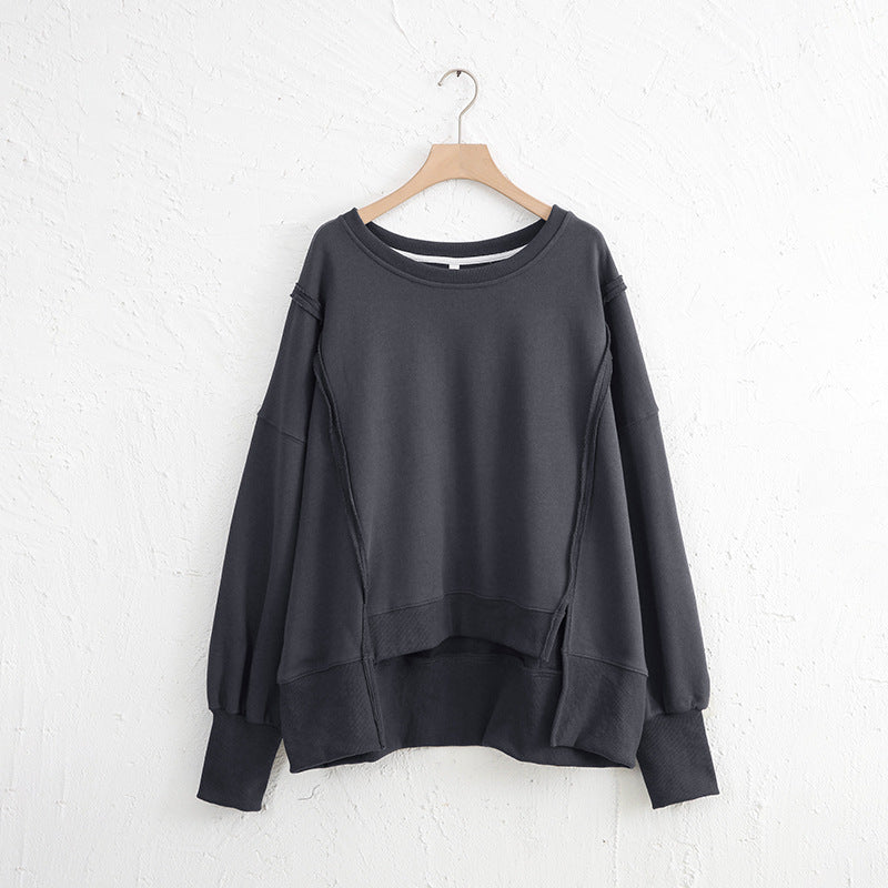 Exposed Seam High-Low Long Sleeve Sweatshirt-TOPS / DRESSES-[Adult]-[Female]-2022 Online Blue Zone Planet