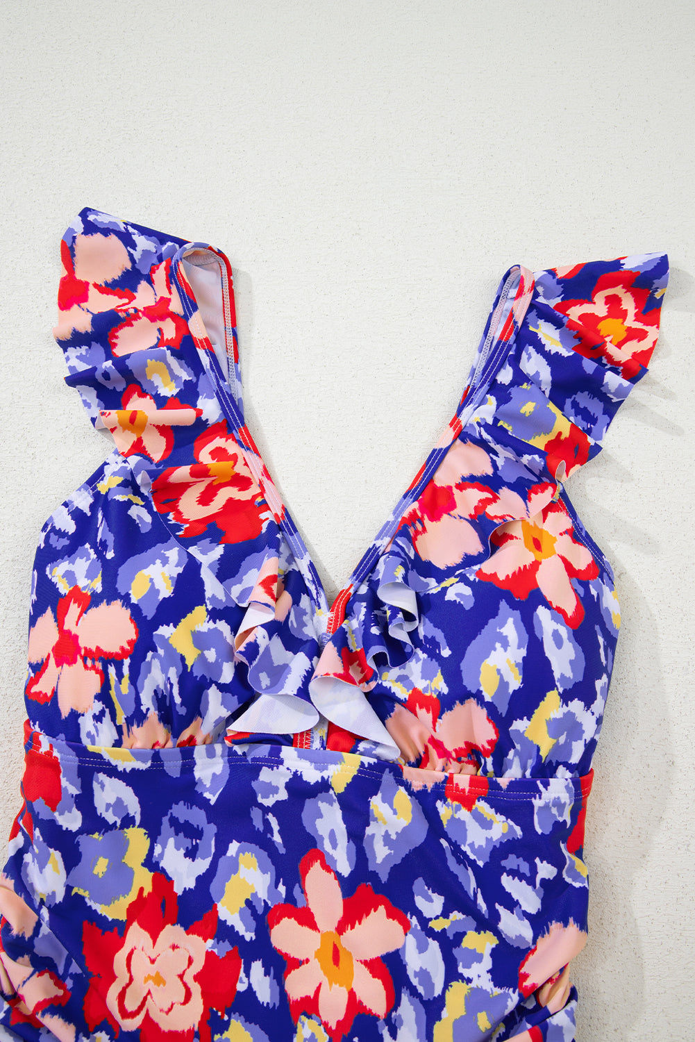 Blue Floral Ruffle Trim V Neck Lace-Up Back Tummy Control One Piece Swimsuit-Swimwear/One Piece Swimsuit-[Adult]-[Female]-2022 Online Blue Zone Planet