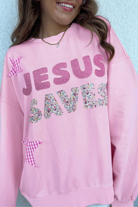 Pink Patchwork Stars Plaid Unique Floral Letters Baggy Sweatshirt-Tops/Sweatshirts & Hoodies-[Adult]-[Female]-Pink-S-2022 Online Blue Zone Planet