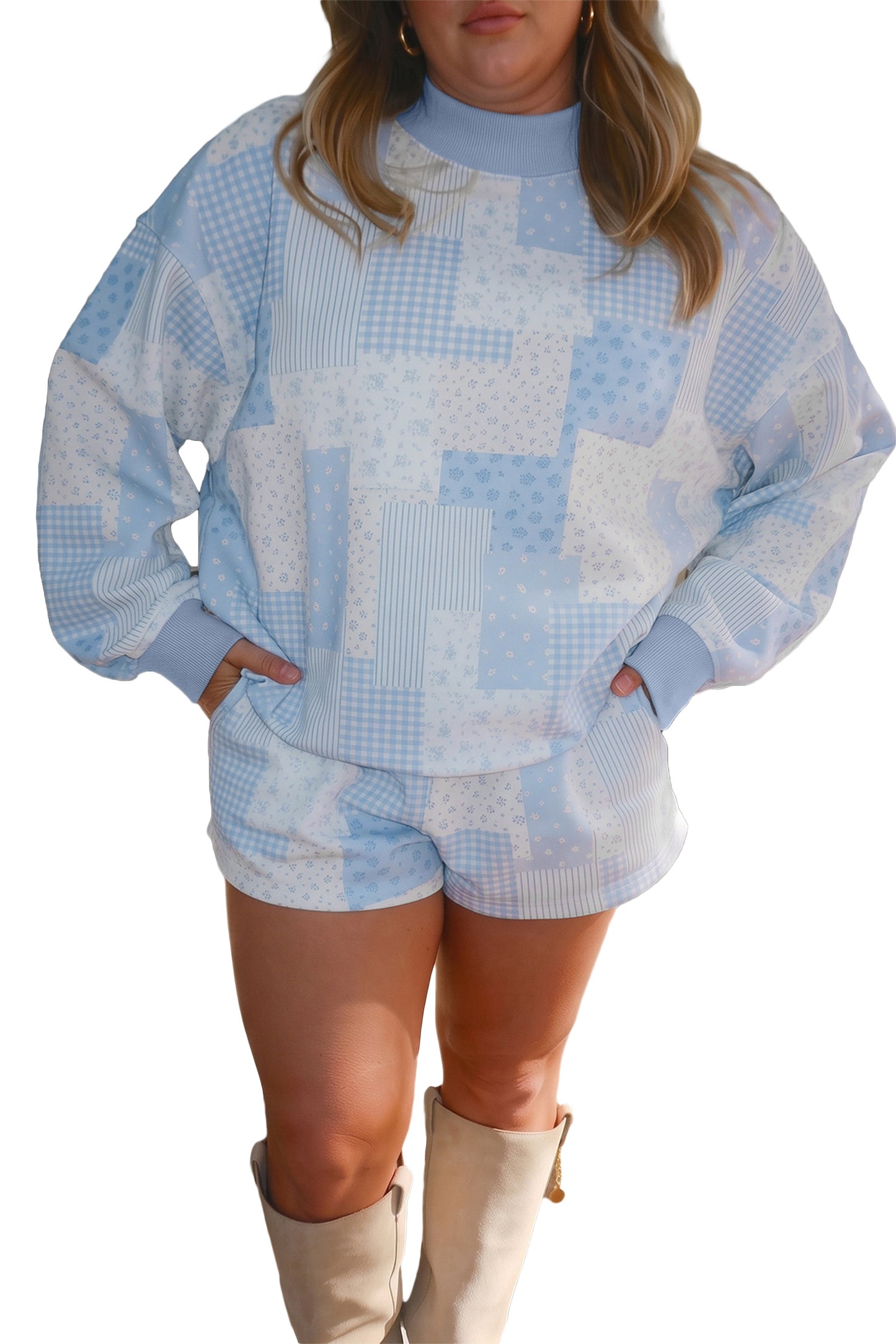 Sky Blue Patchwork Floral Print Stand Neck Long Sleeve Two-piece Outfit Plus Size Set-Plus Size/Plus Size Loungewear-[Adult]-[Female]-2022 Online Blue Zone Planet