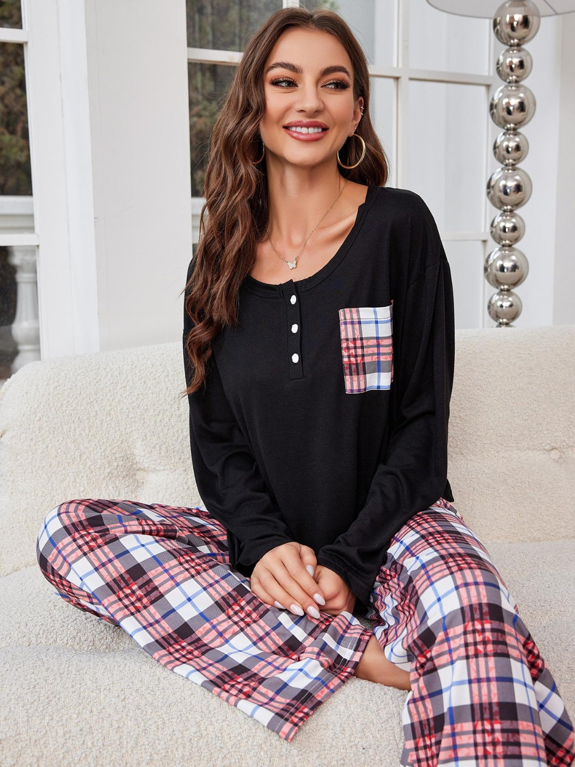 Round Neck Long Sleeve Top and Plaid Pants Lounge Set-TOPS / DRESSES-[Adult]-[Female]-2022 Online Blue Zone Planet