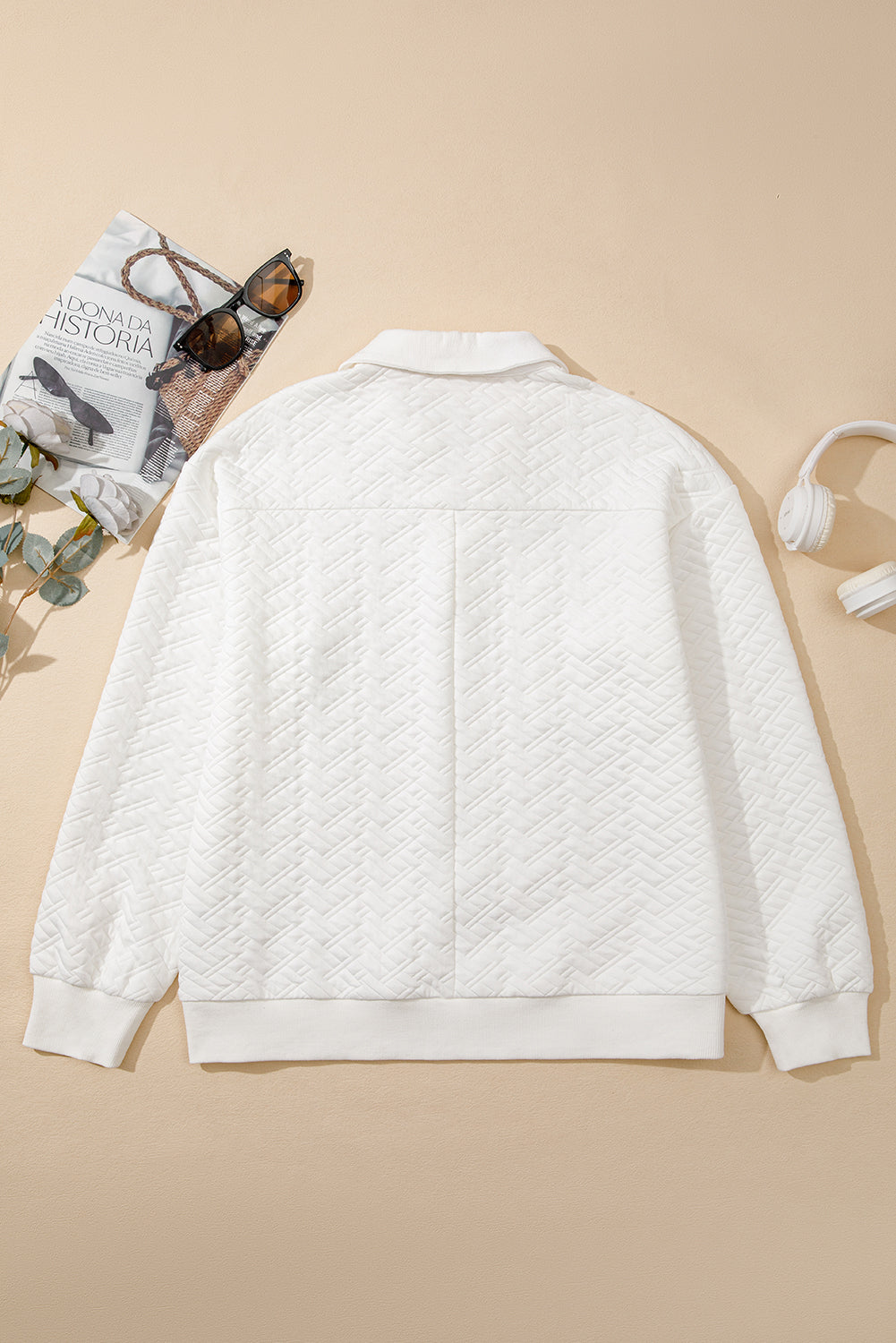 White Textured Pocketed Collared V Neck Pullover Sweatshirt-Tops/Sweatshirts & Hoodies-[Adult]-[Female]-2022 Online Blue Zone Planet
