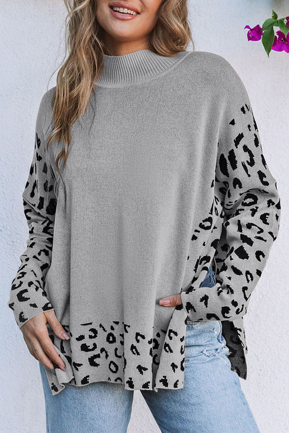 Gray Leopard High Neck Side Slit Oversized Sweater-Sweaters & Cardigans/Sweaters-[Adult]-[Female]-2022 Online Blue Zone Planet