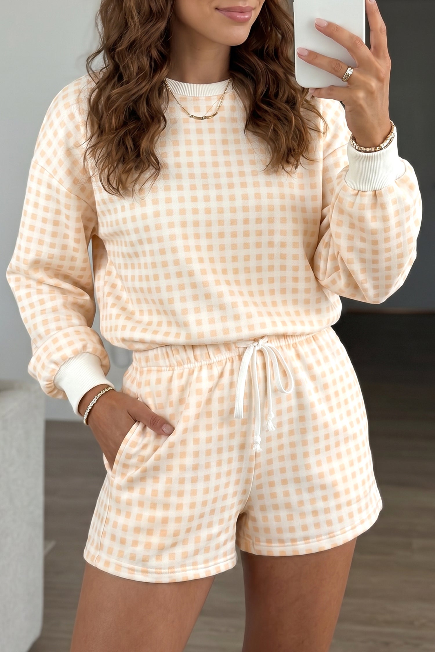 Yellow Plaid Baggy Pullover Drawstring Casual Shorts 2pcs Outfit-Two Piece Sets/Short Sets-[Adult]-[Female]-2022 Online Blue Zone Planet