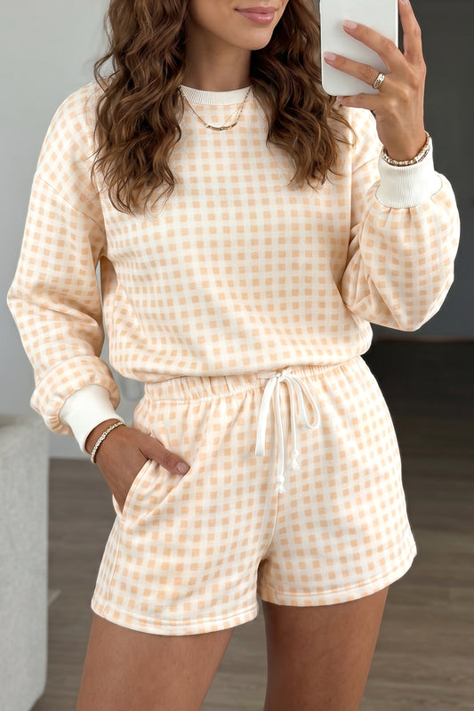 Yellow Plaid Baggy Pullover Drawstring Casual Shorts 2pcs Outfit-Two Piece Sets/Short Sets-[Adult]-[Female]-2022 Online Blue Zone Planet