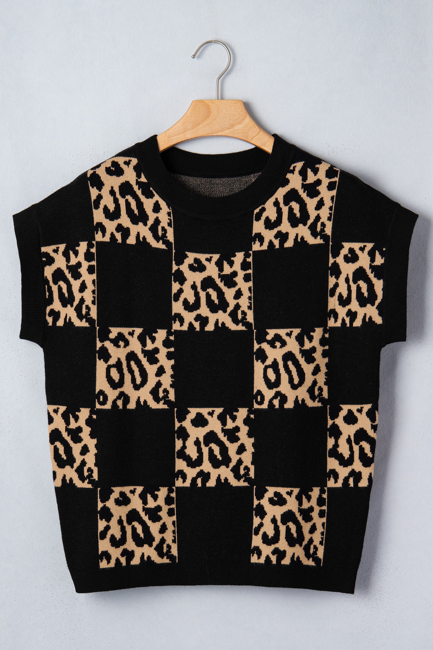 Rose Red Leopard Checkerboard Short Sleeve Knit Sweater-TOPS / DRESSES-[Adult]-[Female]-2022 Online Blue Zone Planet