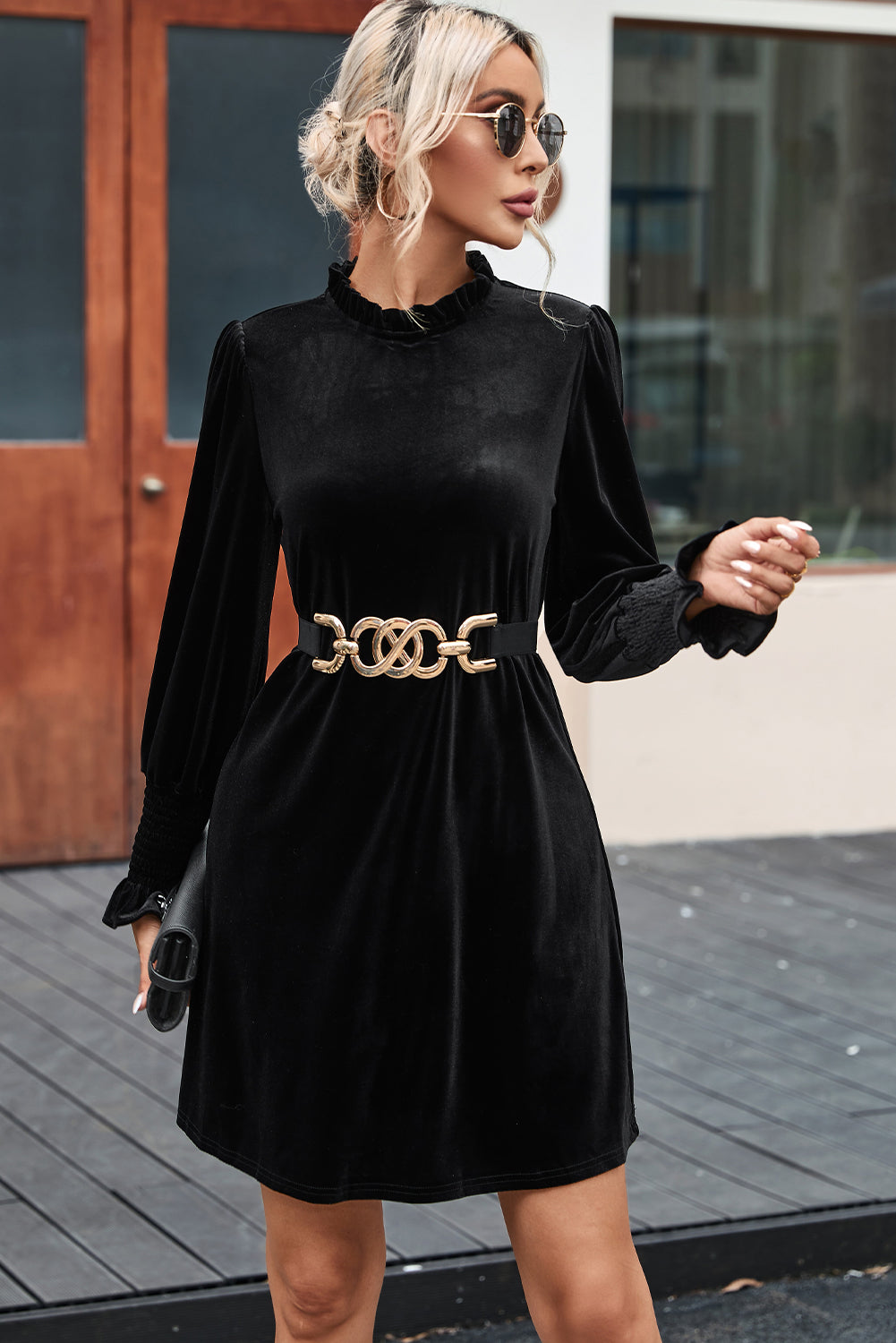 Blue Zone Planet | Black Velvet Frill Neck Long Sleeve Shift Dress-TOPS / DRESSES-[Adult]-[Female]-2022 Online Blue Zone Planet