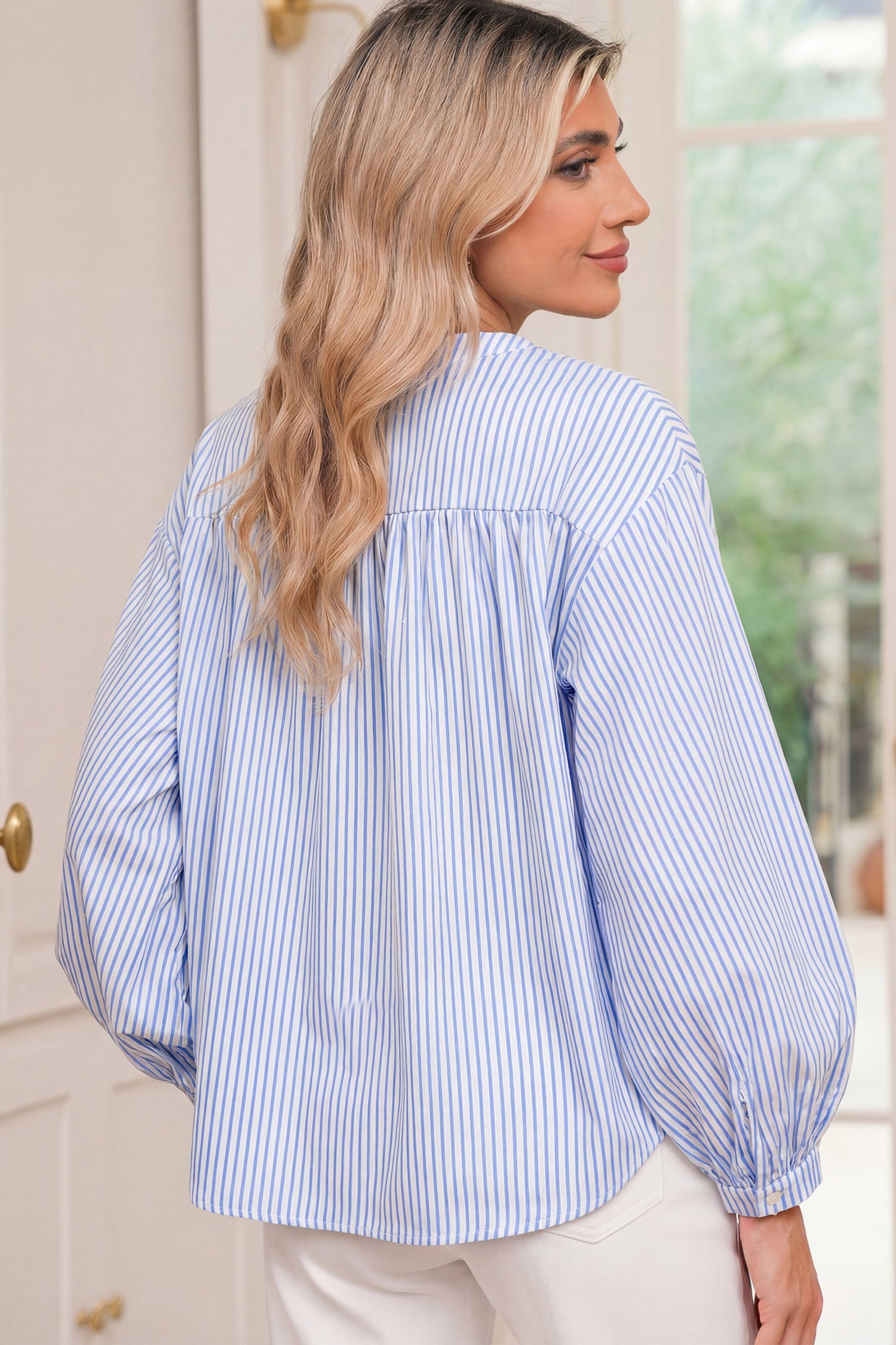 Sky Blue Stripe Floral Embroidered Billowy Sleeve Tunic Baggy Shirt-Tops/Blouses & Shirts-[Adult]-[Female]-2022 Online Blue Zone Planet