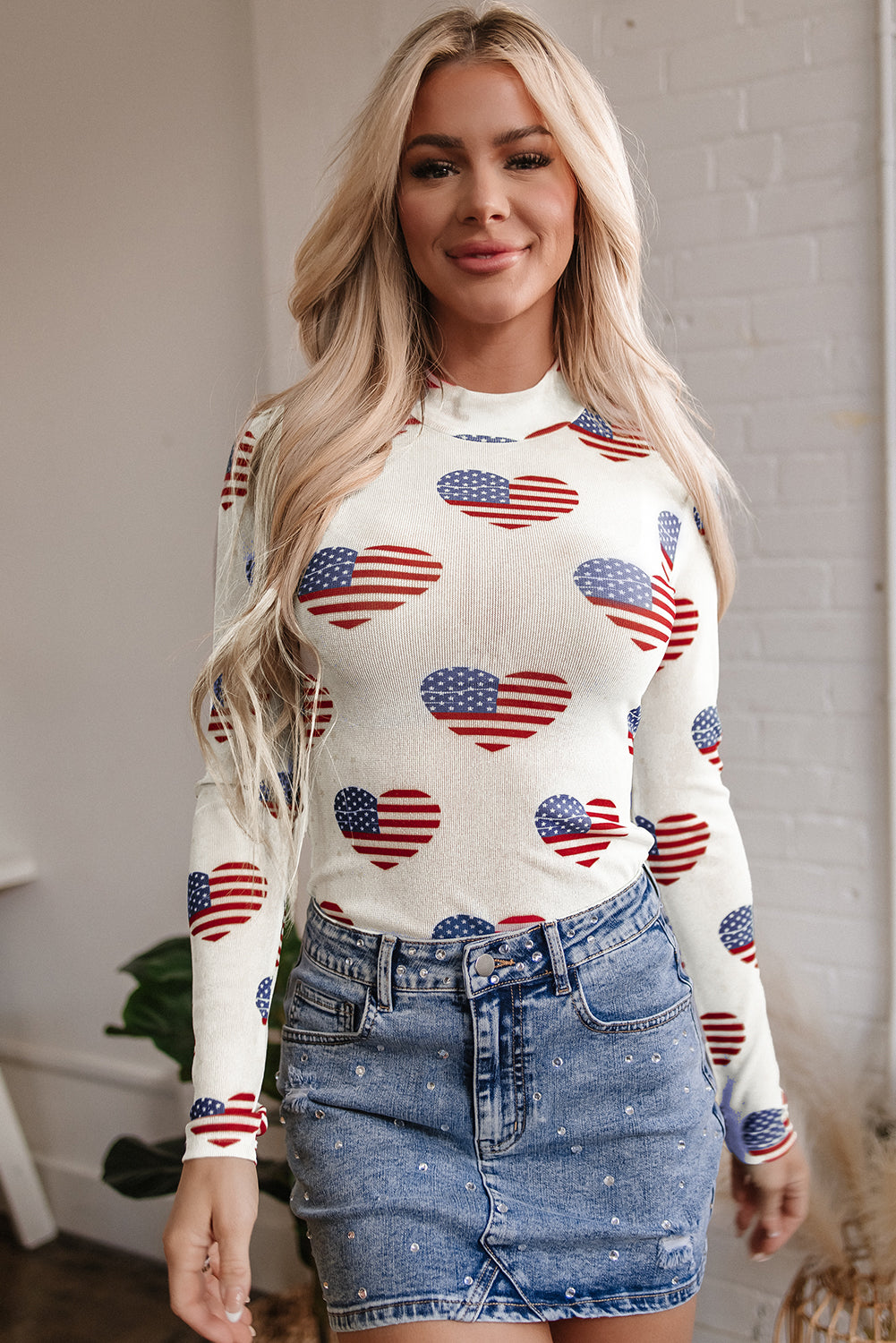 White Americana Glitter Mesh Long Sleeve Bodysuit-Tops/Bodysuits-[Adult]-[Female]-2022 Online Blue Zone Planet